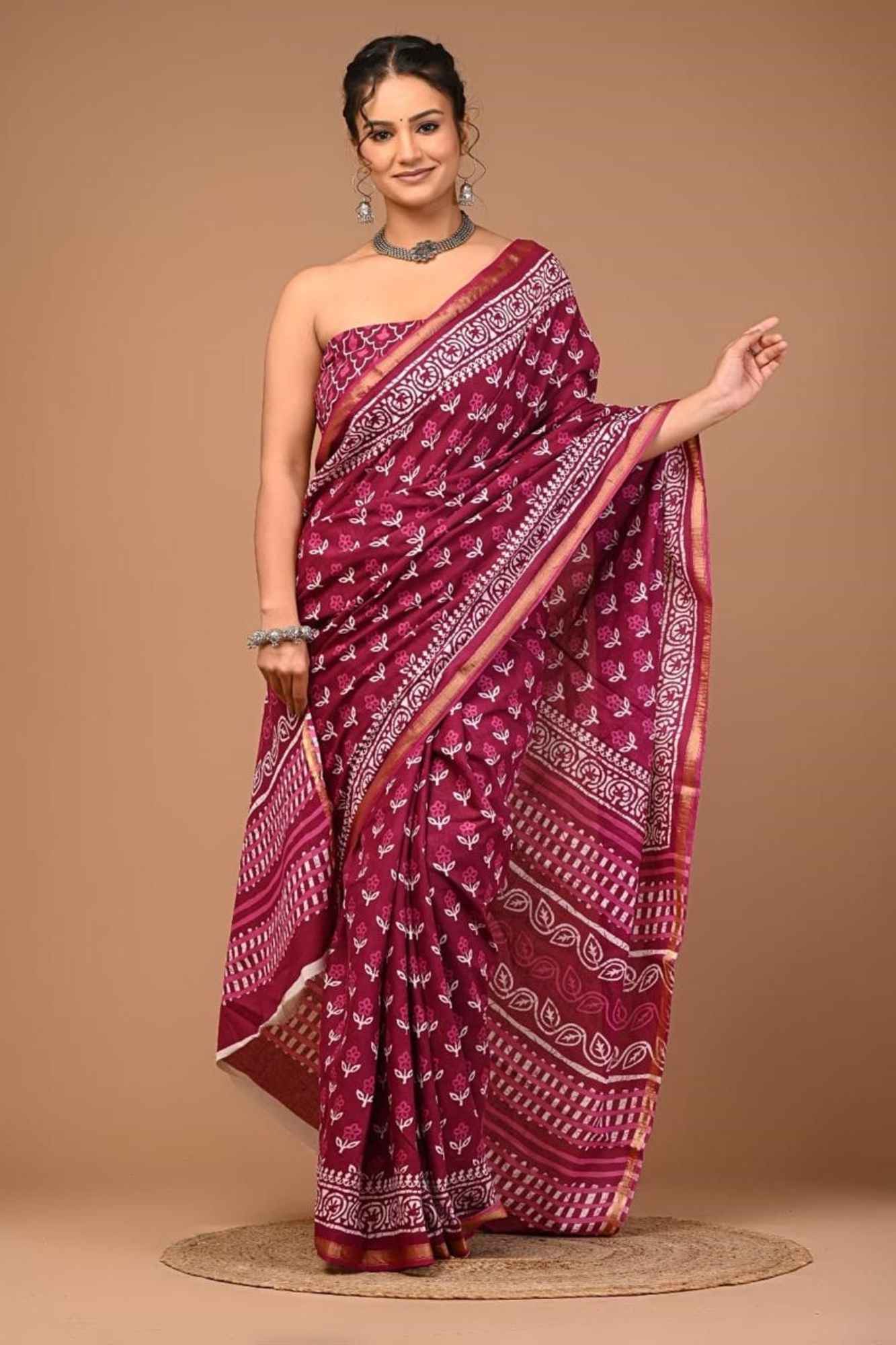 Cotton Jaipuri Printed with Zari Border in Maroon Ready To Wear Saree