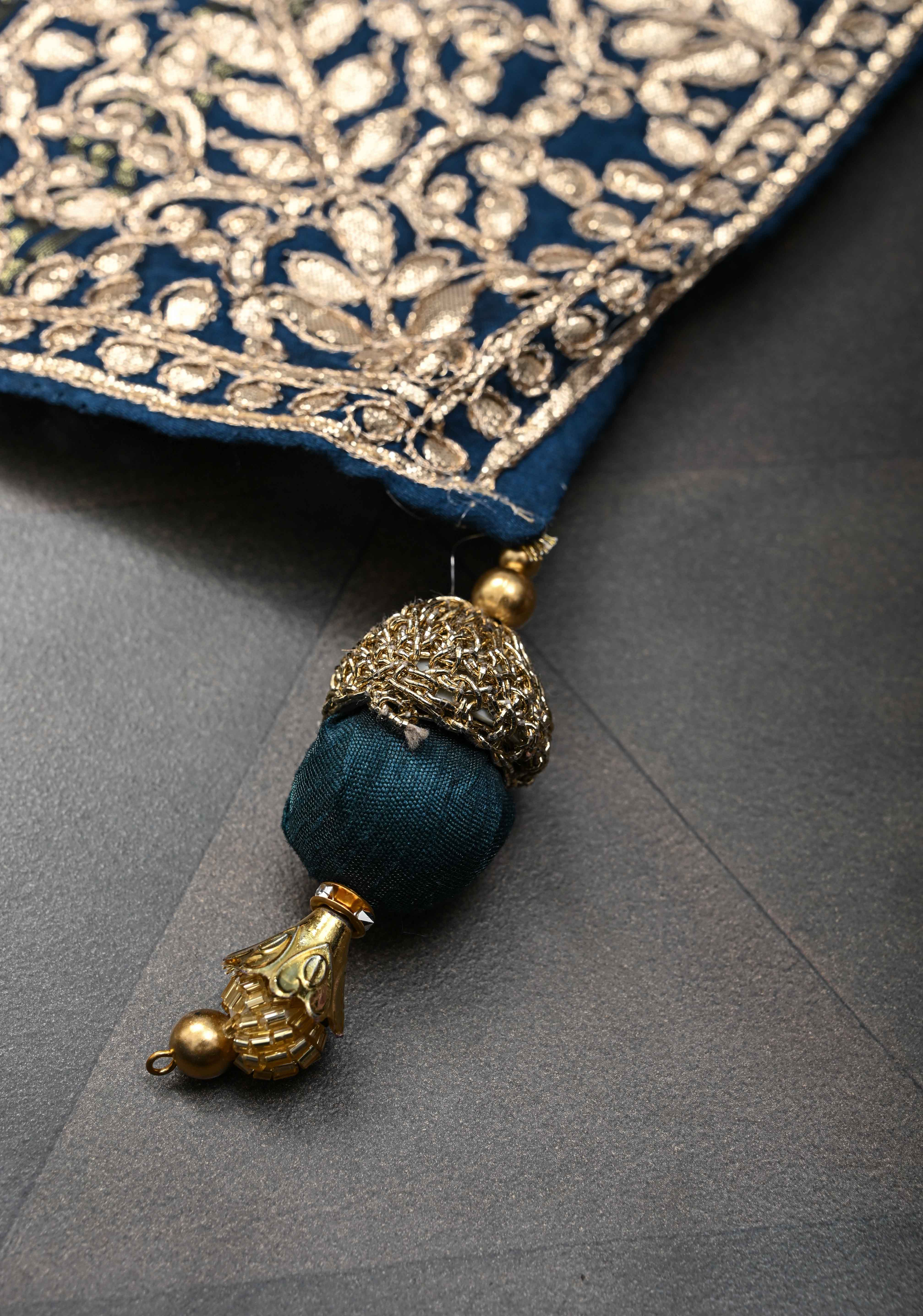 Navy Blue Gajji Silk Saree with Floral Print and Crushed Zari Pallu | Shobitam