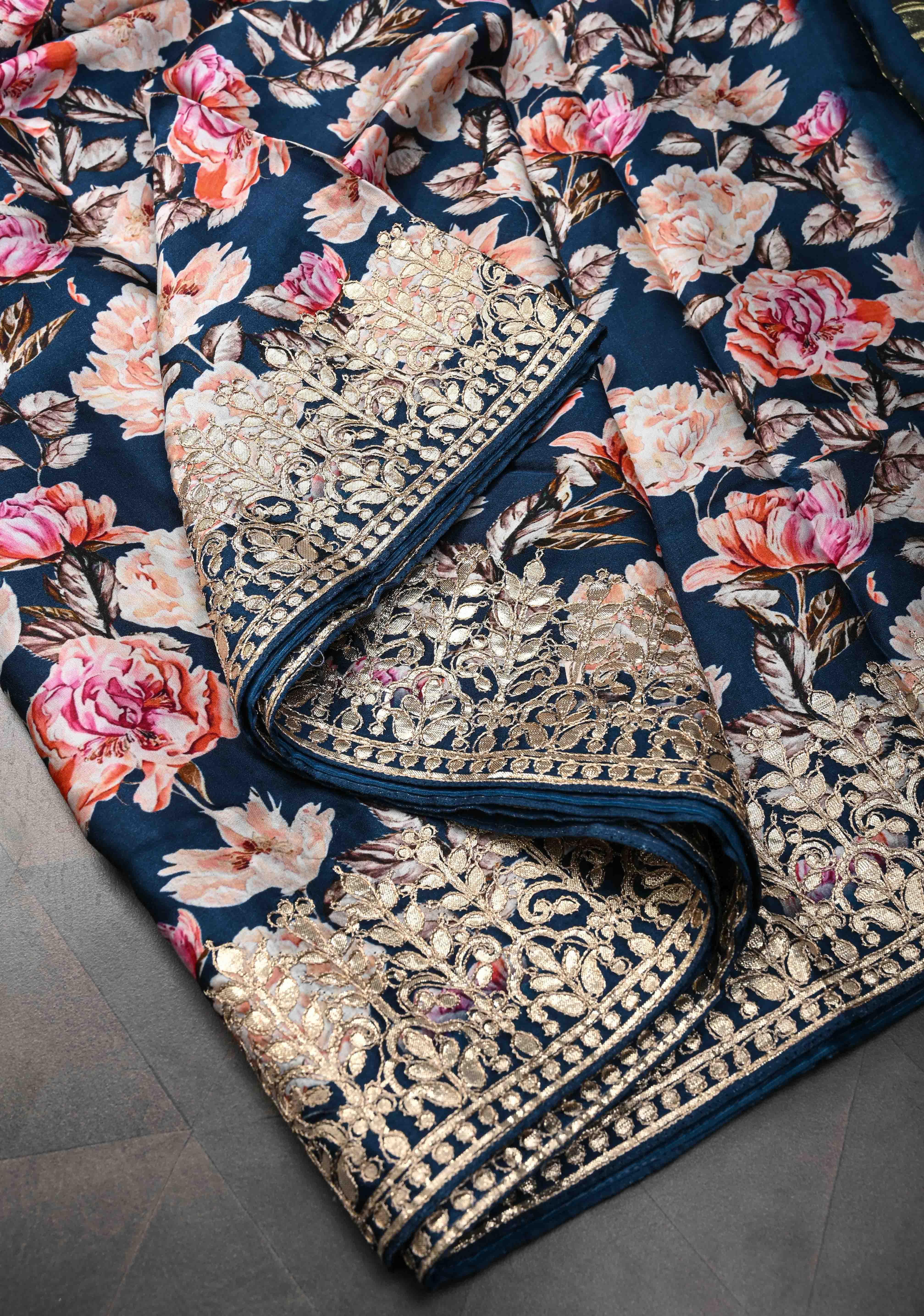 Navy Blue Gajji Silk Saree with Floral Print and Crushed Zari Pallu | Shobitam