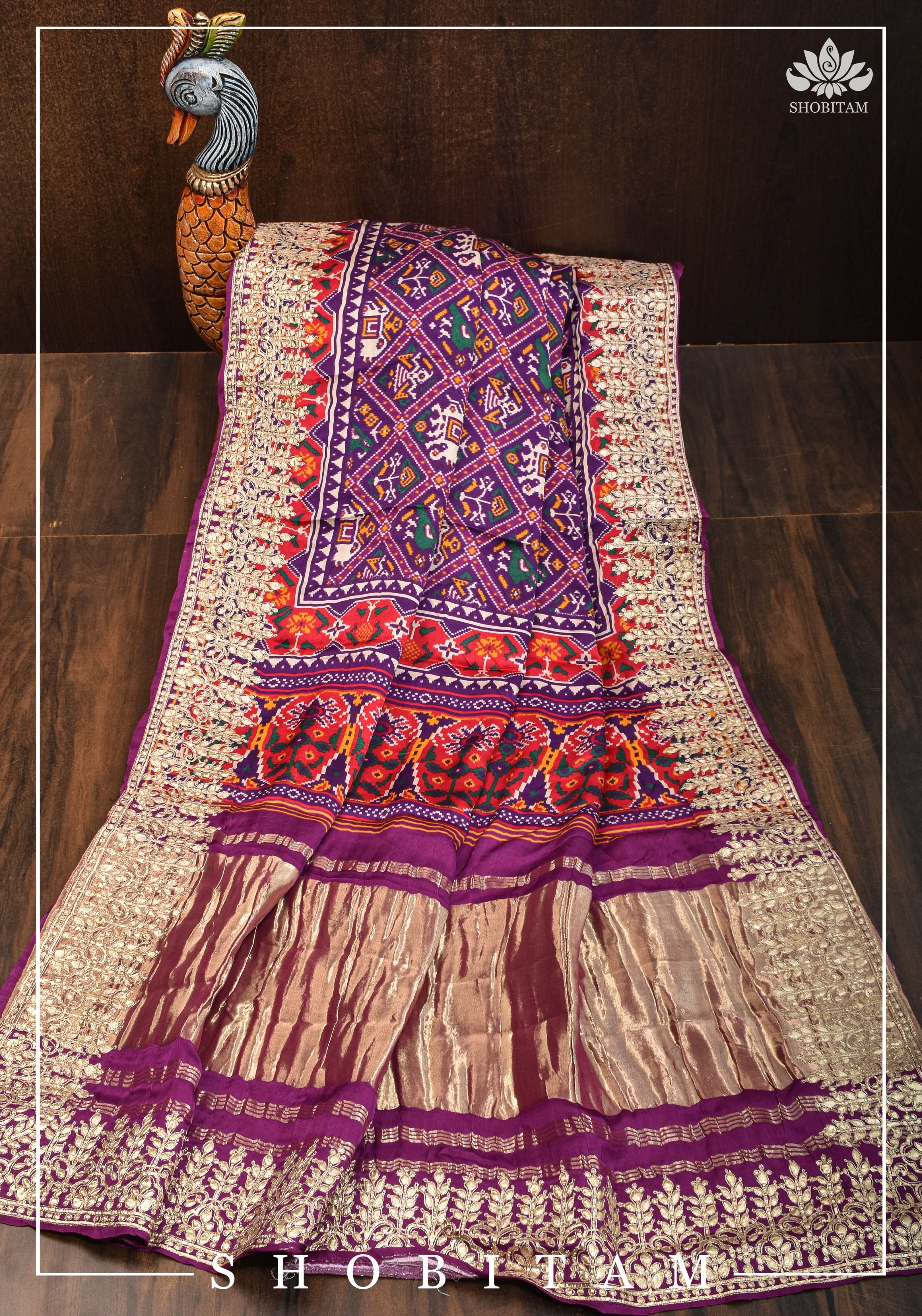 Purple tone Gajji Silk Saree with Gotta Patti Border and Patola Digital Print | Sarees by Shobitam