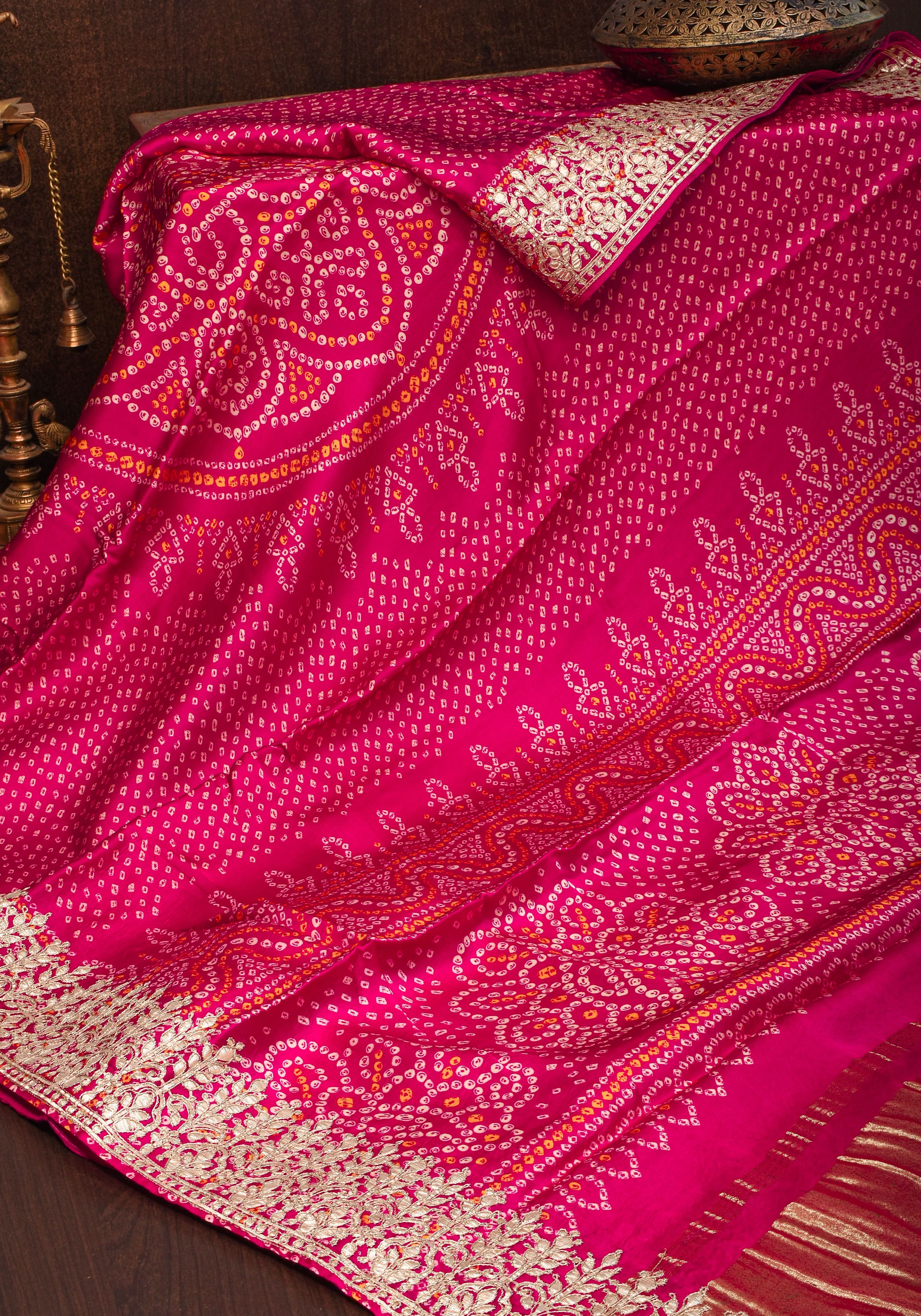 Pink Gajji Silk Saree with Bandhni Digital Print and Gotta patti borders | Shobitam