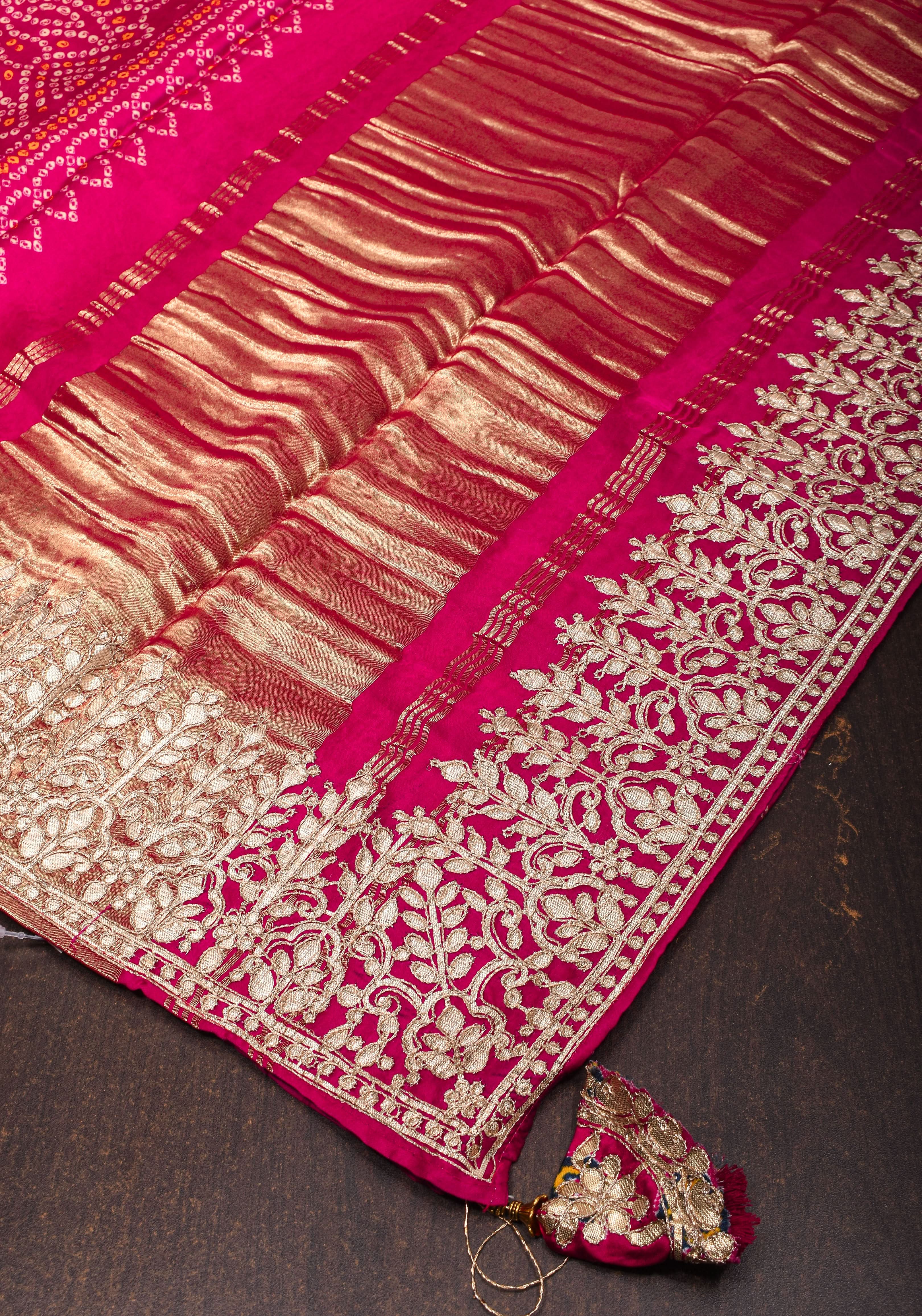 Pink Gajji Silk Saree with Bandhni Digital Print and Gotta patti borders | Shobitam
