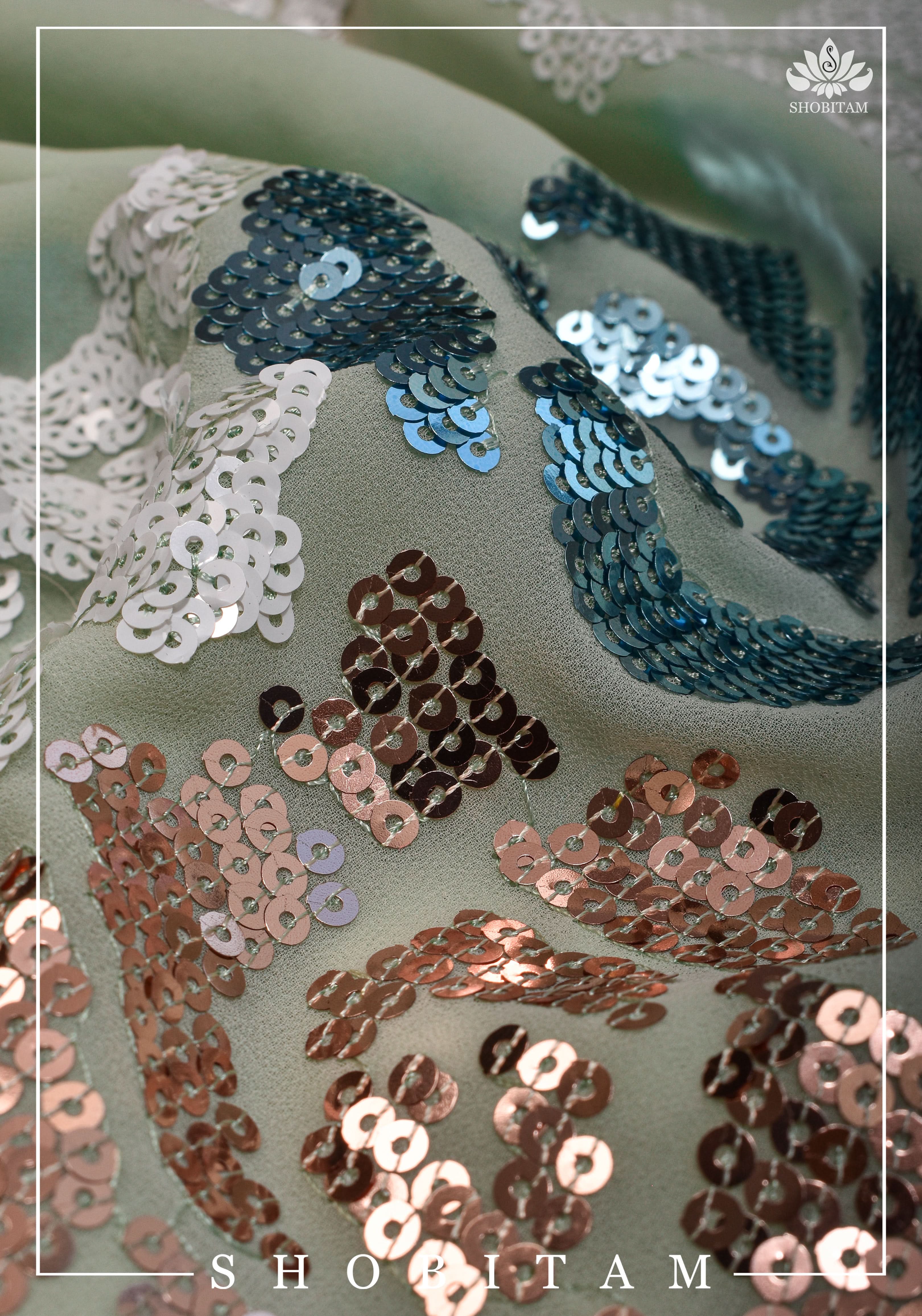 Georgette Saree in pale pista green with rose design sequin work | Shobitam