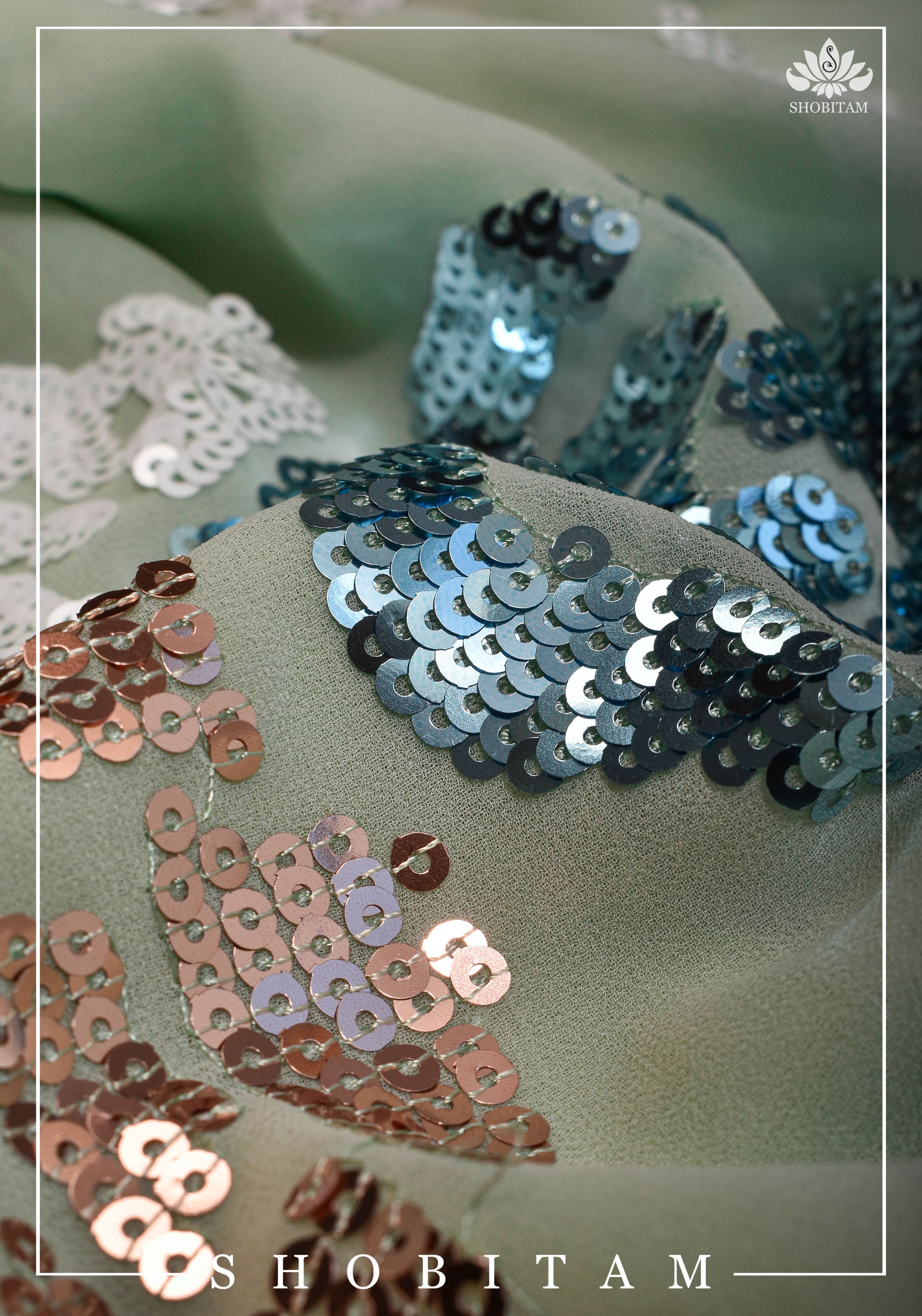 Georgette Saree in pale pista green with rose design sequin work | Shobitam