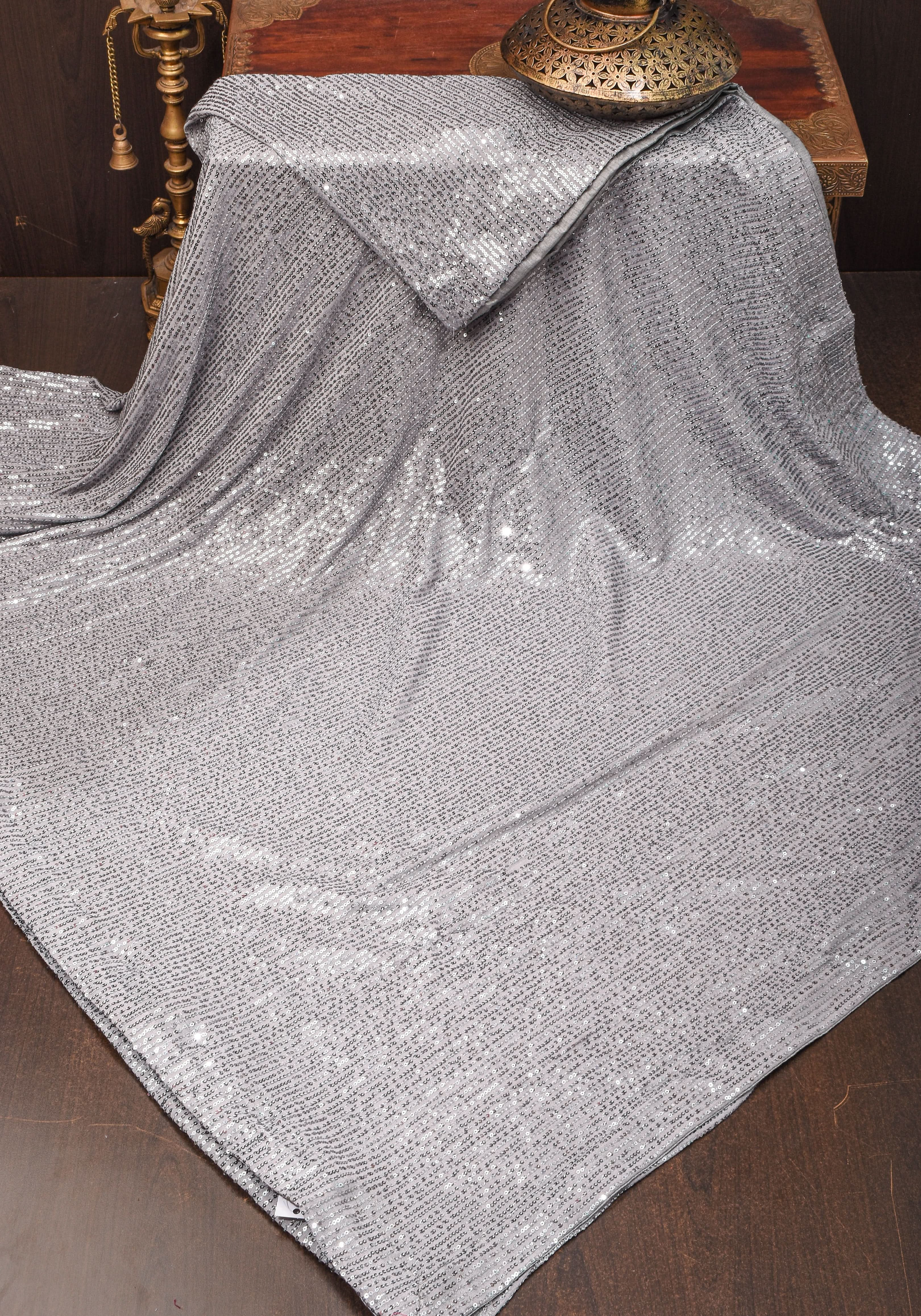 Full Body Sequin on Net Saree in Haze Gray | Shobitam