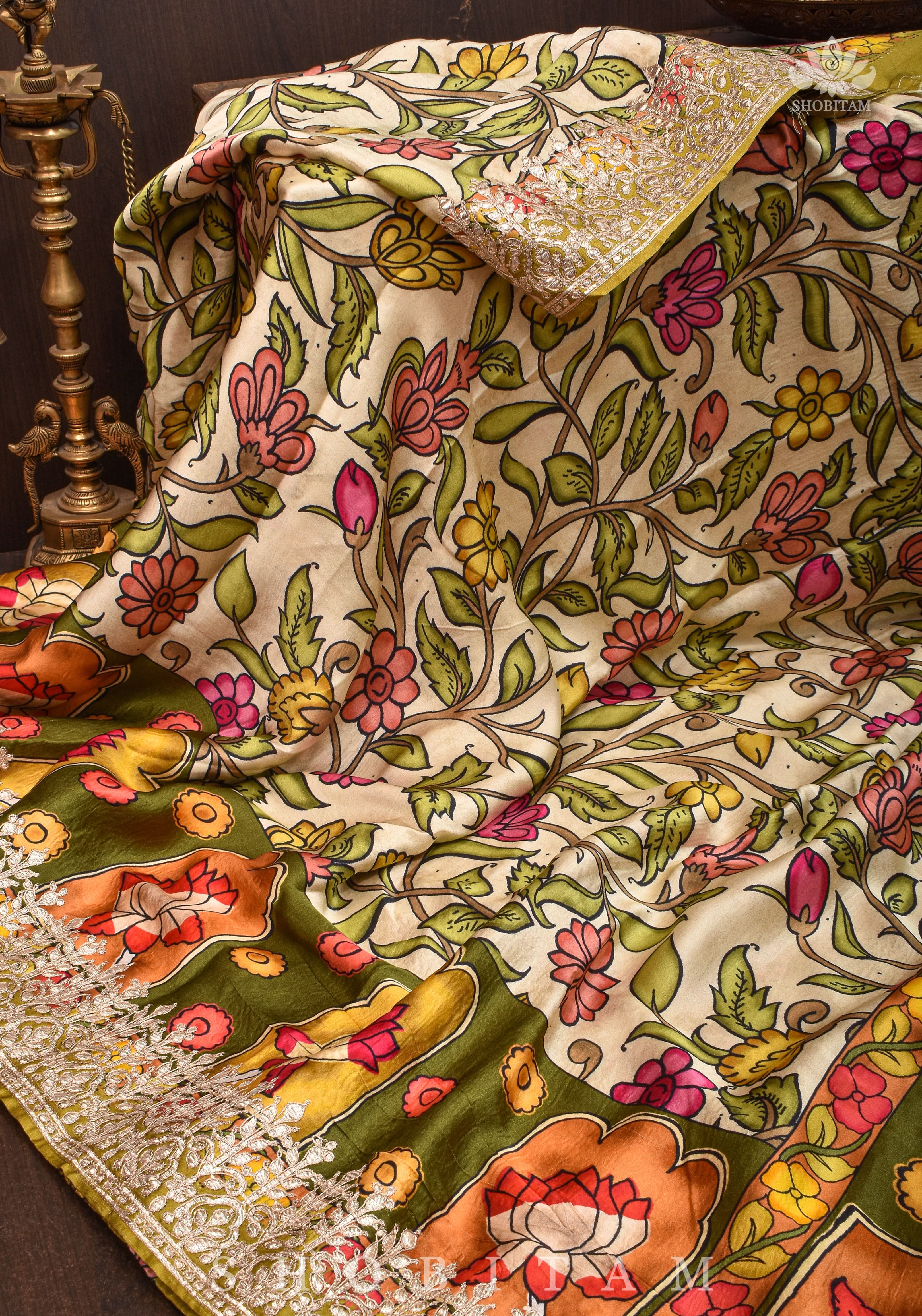 Gajji Silk Saree in Beige with Gotta Patti Border and kalamkari Digital Print | Shobitam