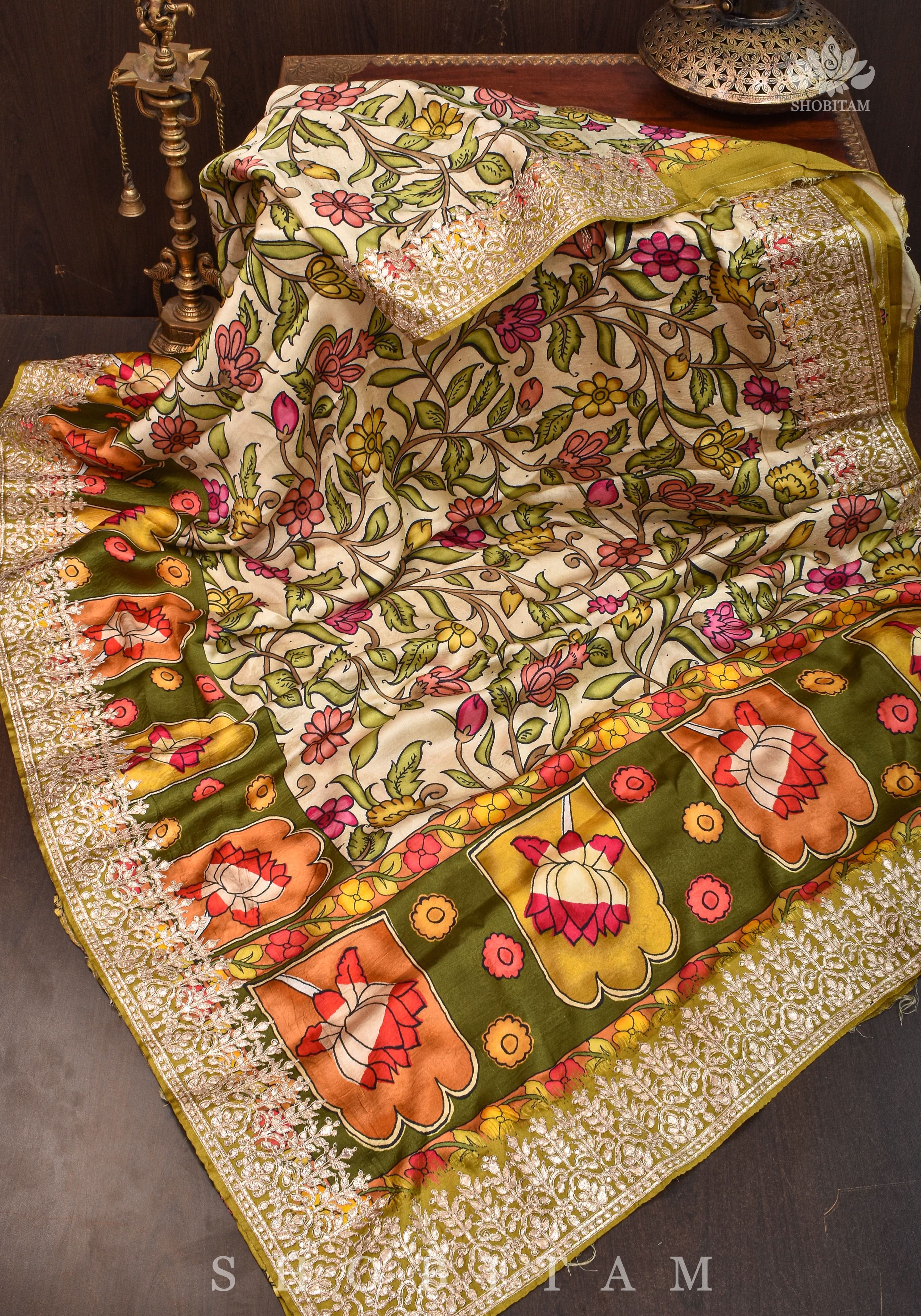 Gajji Silk Saree in Beige with Gotta Patti Border and kalamkari Digital Print | Shobitam