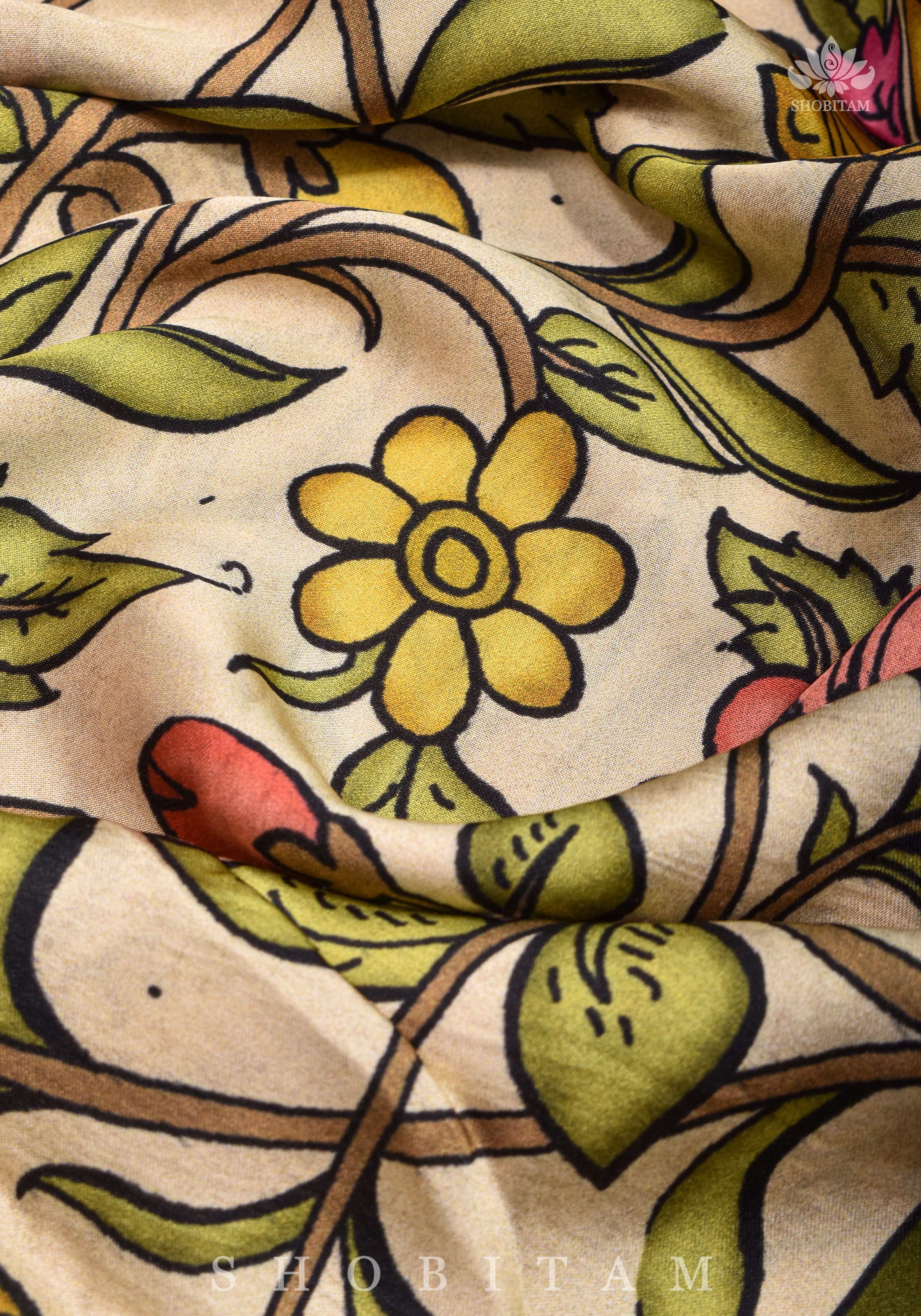 Gajji Silk Saree in Beige with Gotta Patti Border and kalamkari Digital Print | Shobitam
