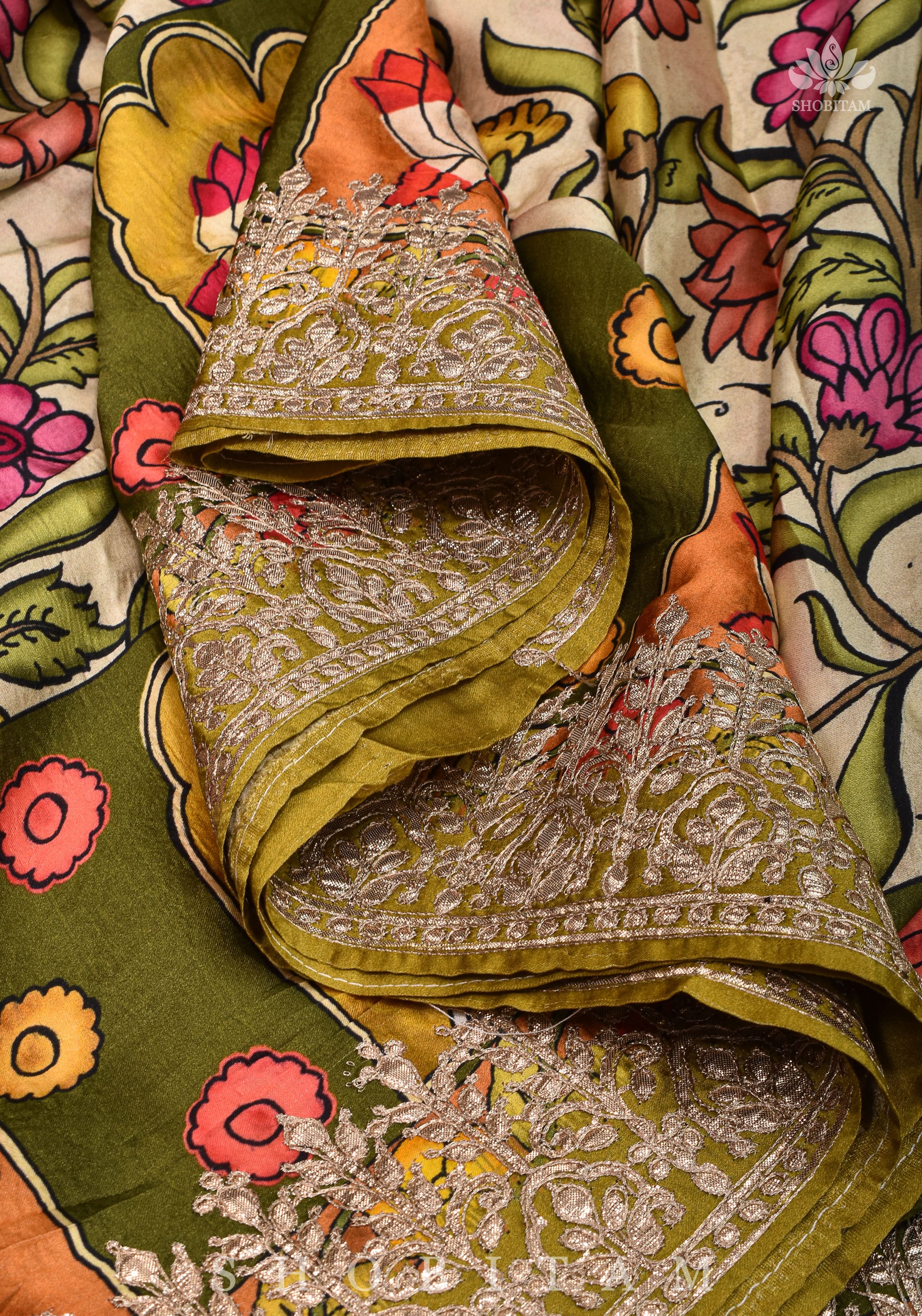Gajji Silk Saree in Beige with Gotta Patti Border and kalamkari Digital Print | Shobitam