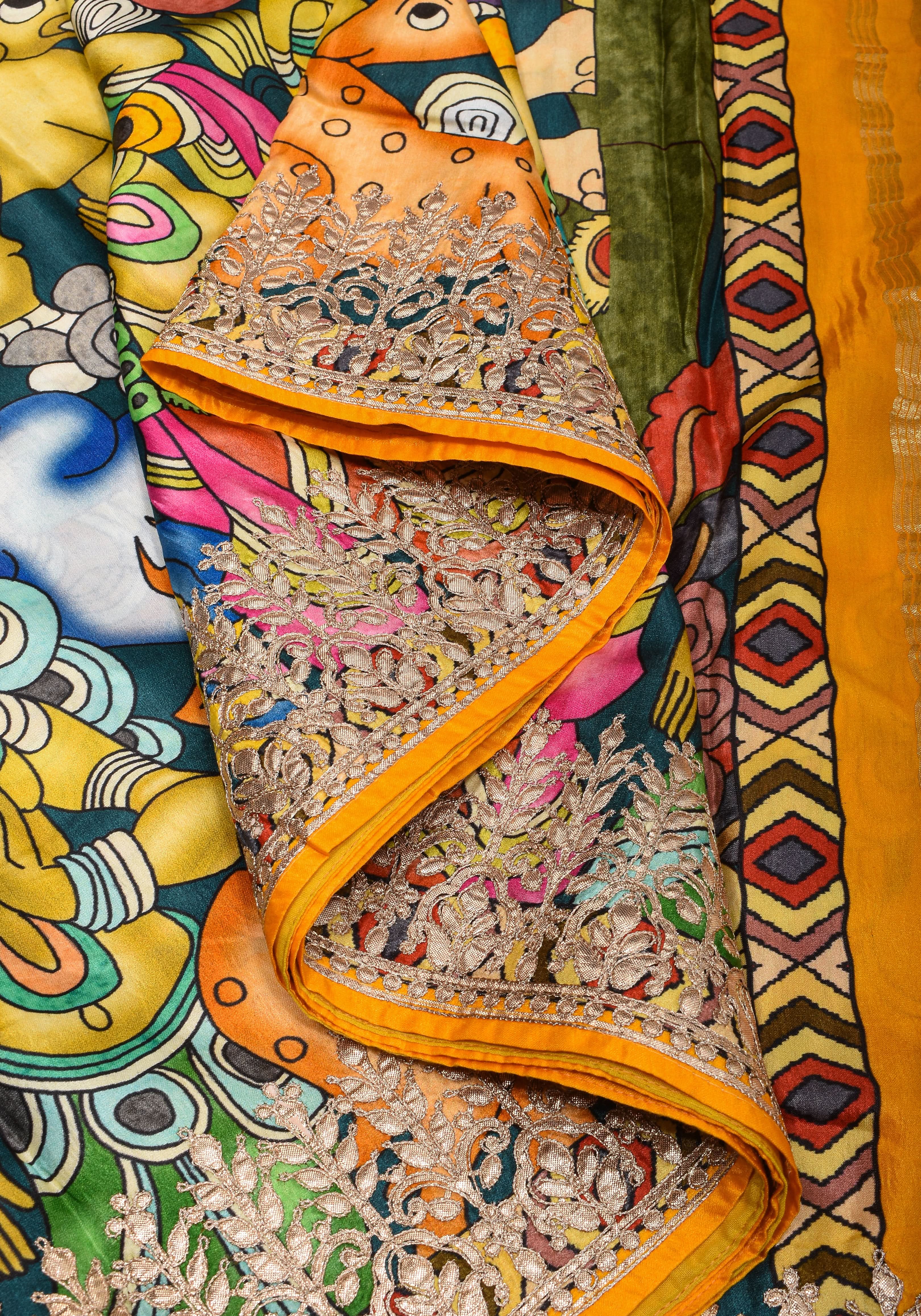 Gajji Silk Saree with Gotta Patti Border, Crushed zari pallu and kalamkari Digital Print | Shobitam