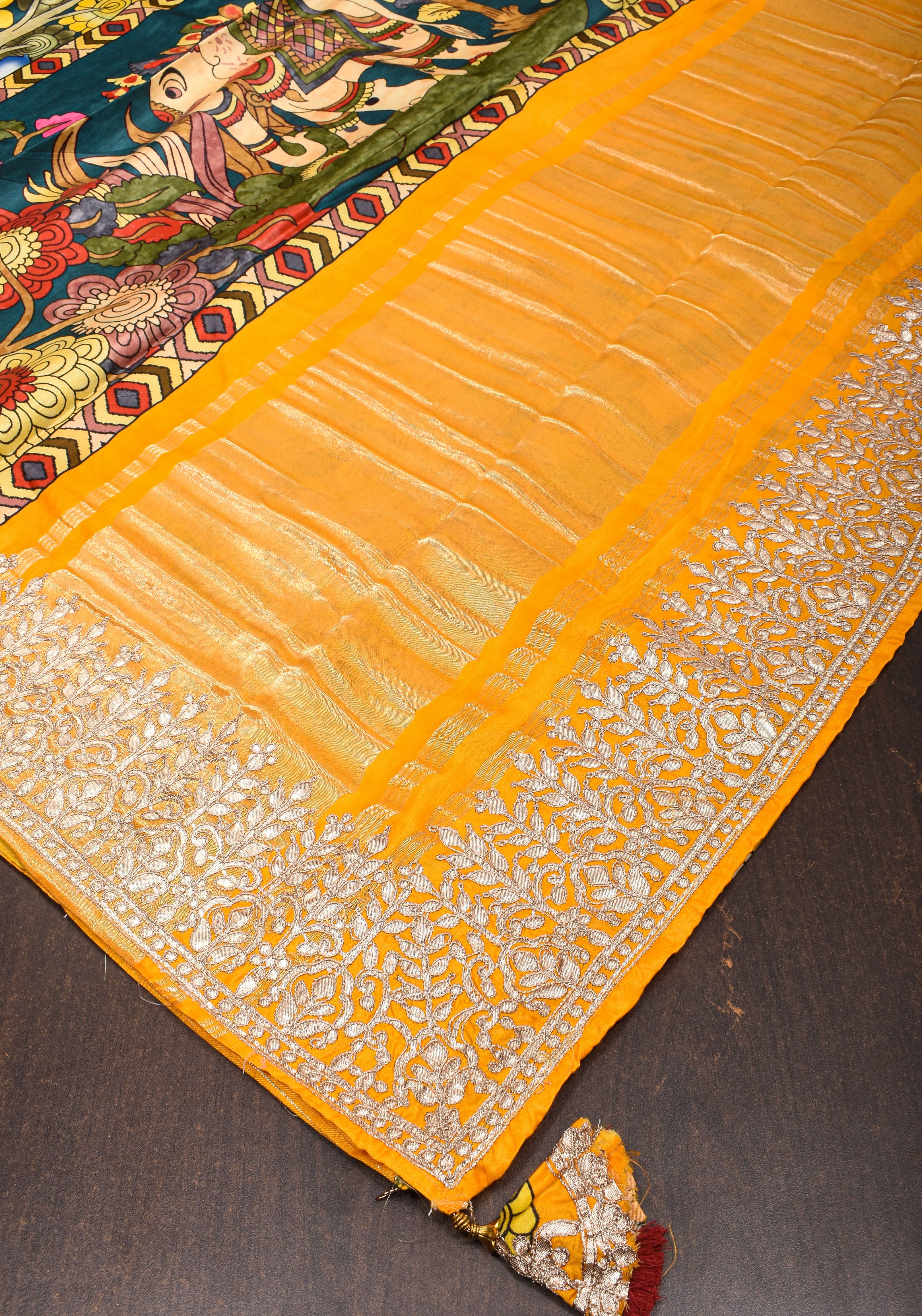 Gajji Silk Saree with Gotta Patti Border, Crushed zari pallu and kalamkari Digital Print | Shobitam
