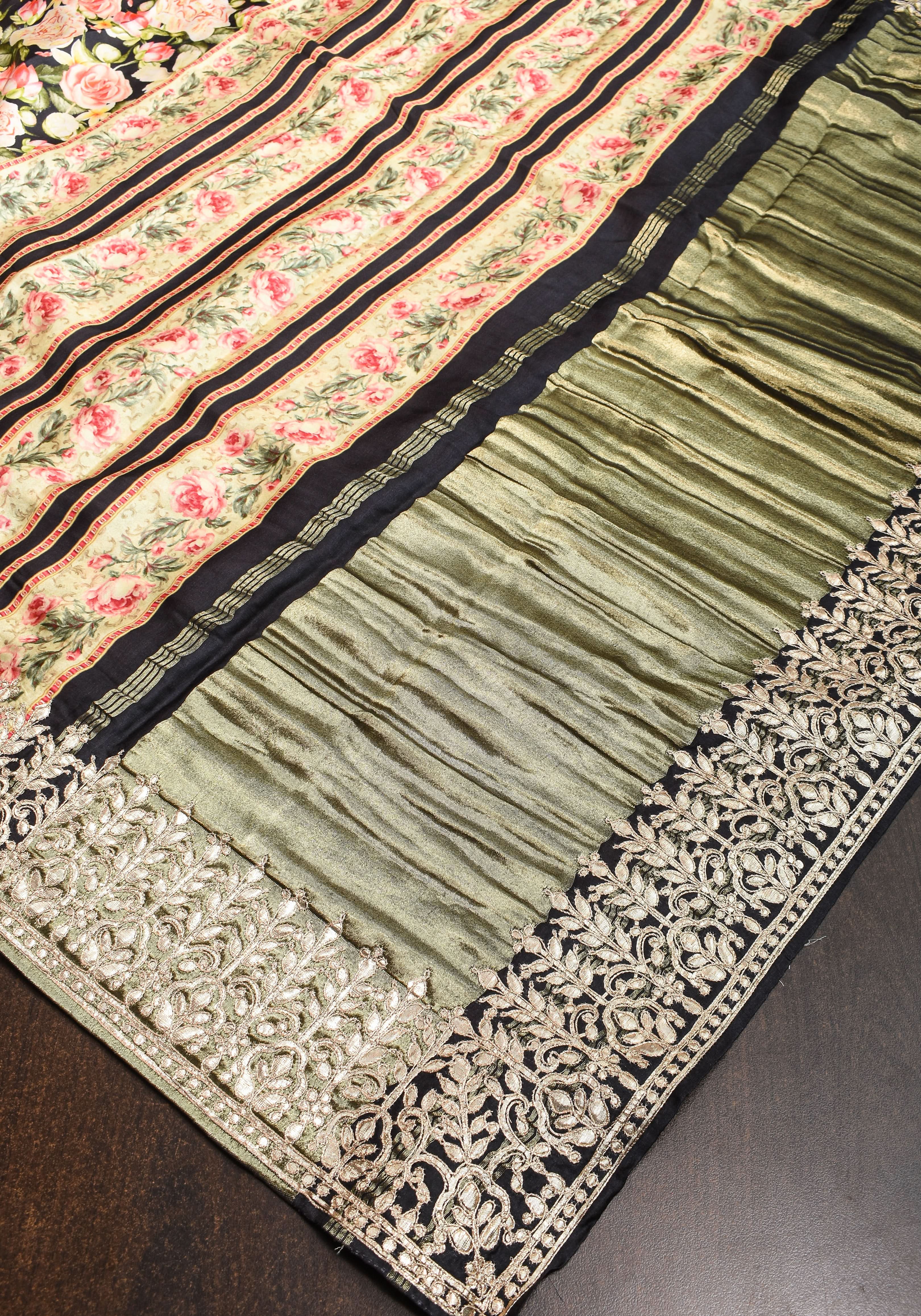 Gajji Silk Saree in Black with Floral Print and Gotta Patti Border | Shobitam