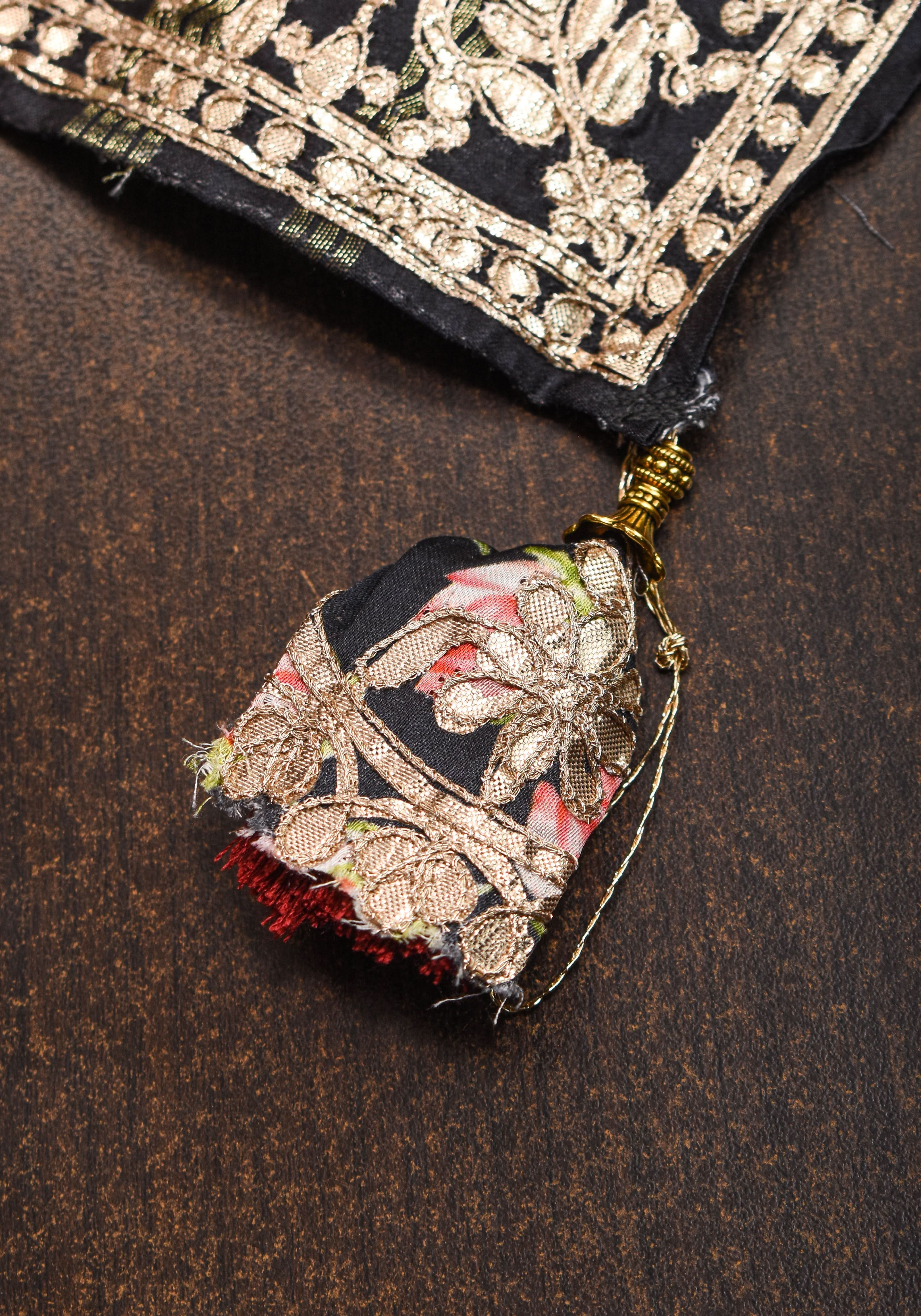 Gajji Silk Saree in Black with Floral Print and Gotta Patti Border | Shobitam