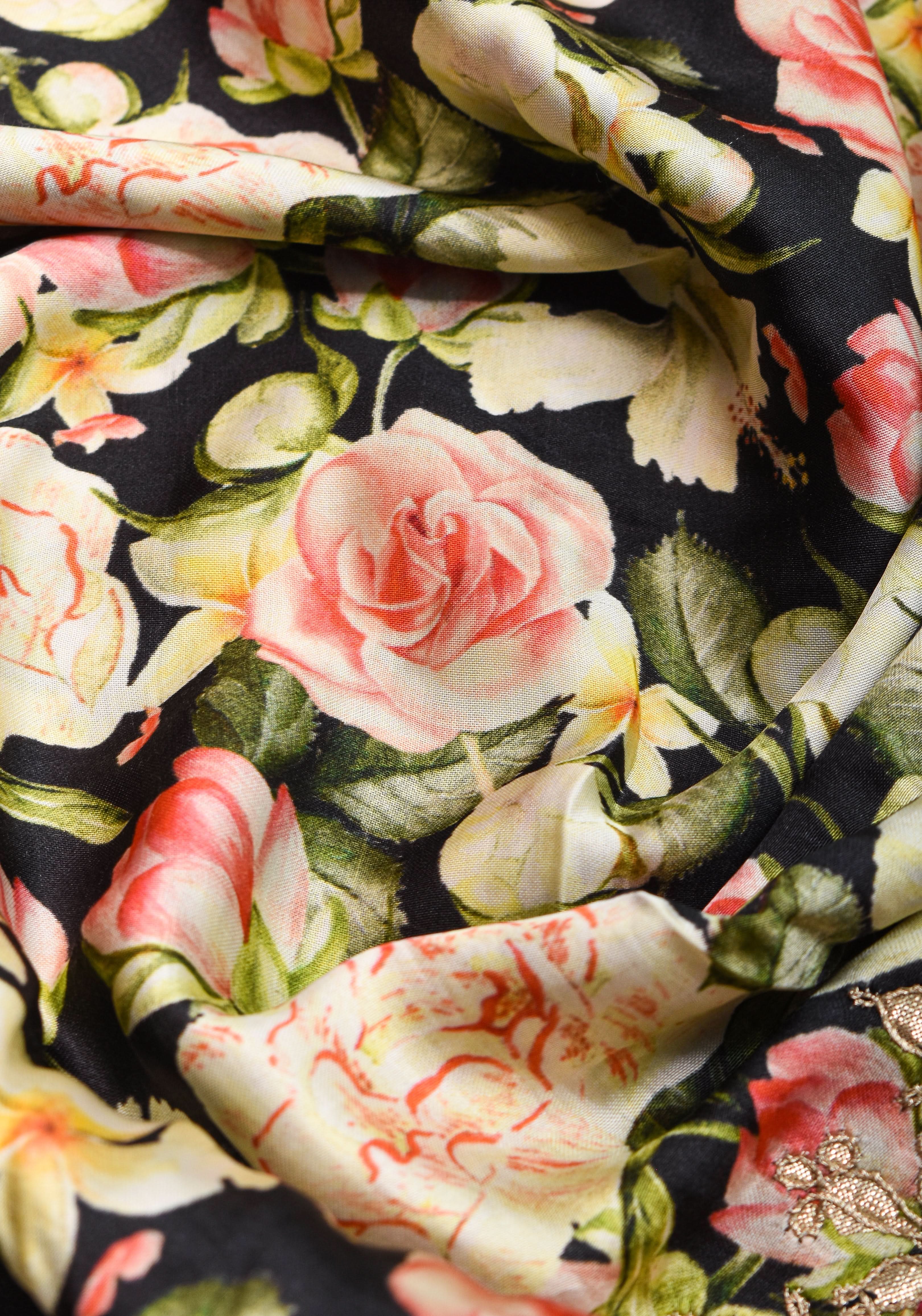 Gajji Silk Saree in Black with Floral Print and Gotta Patti Border | Shobitam