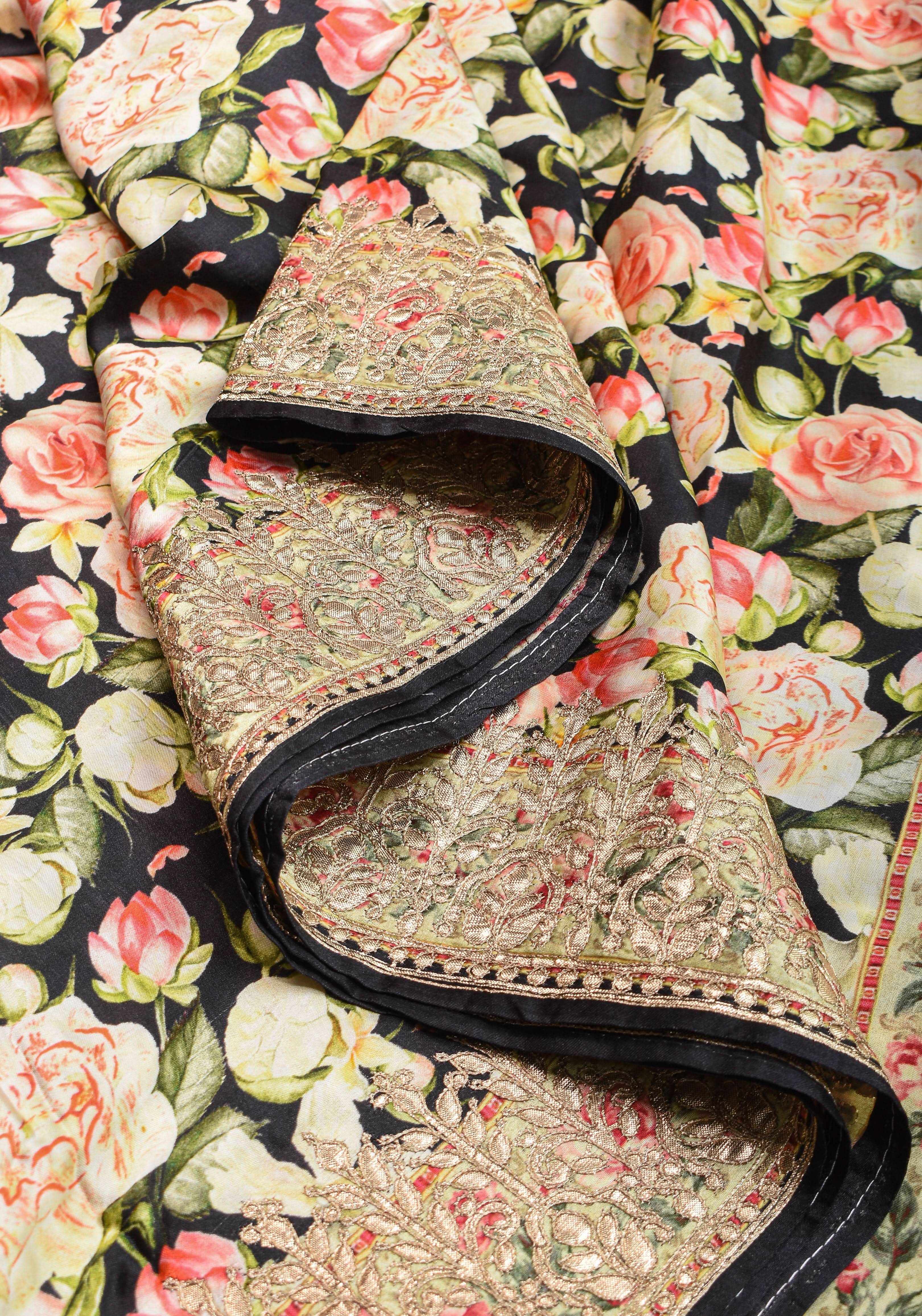 Gajji Silk Saree in Black with Floral Print and Gotta Patti Border | Shobitam