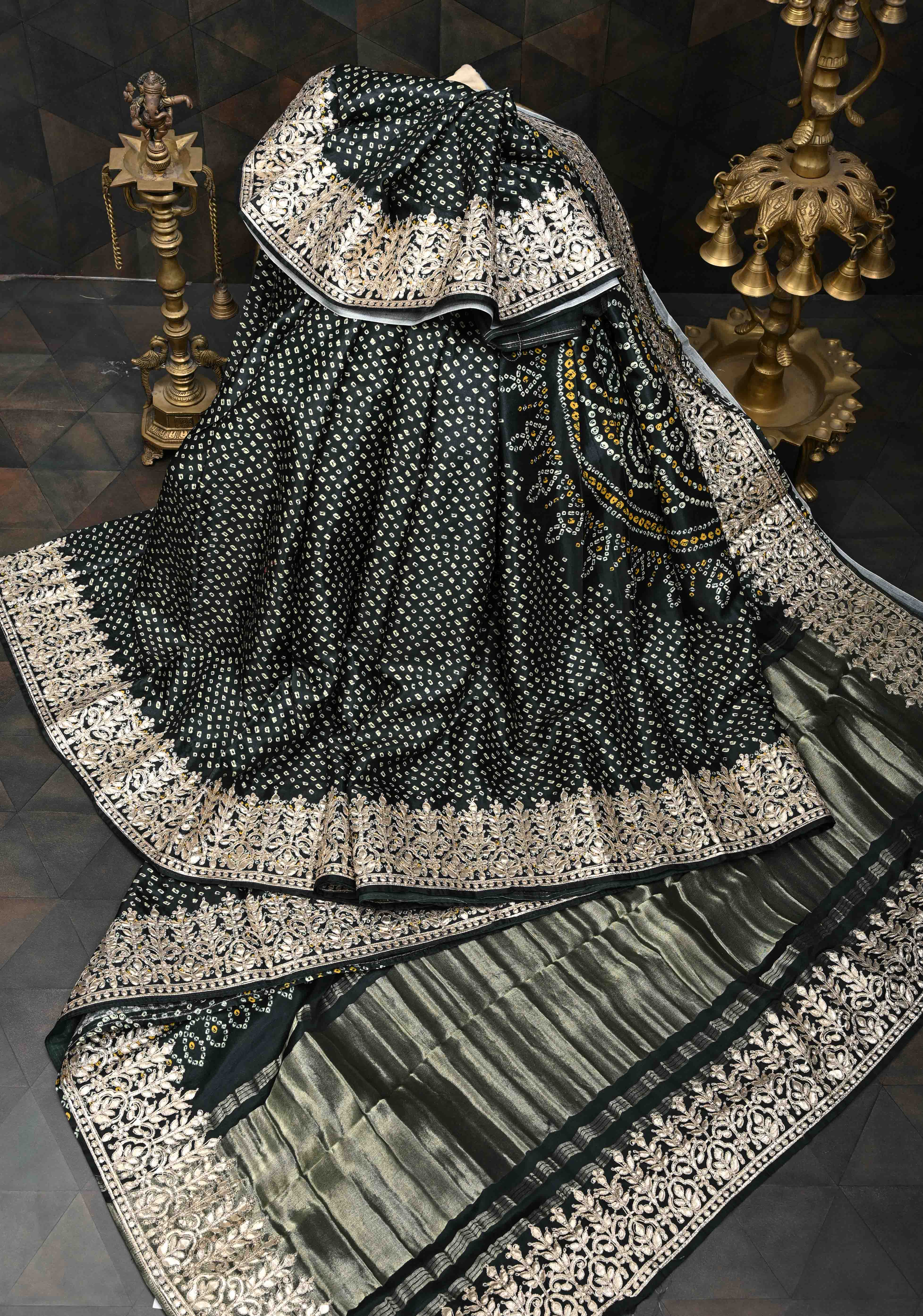 Deep Green Gajji Silk Saree with Bandhni Digital Print and Gotta Patti Borders and Crushed Pallu | Shobitam