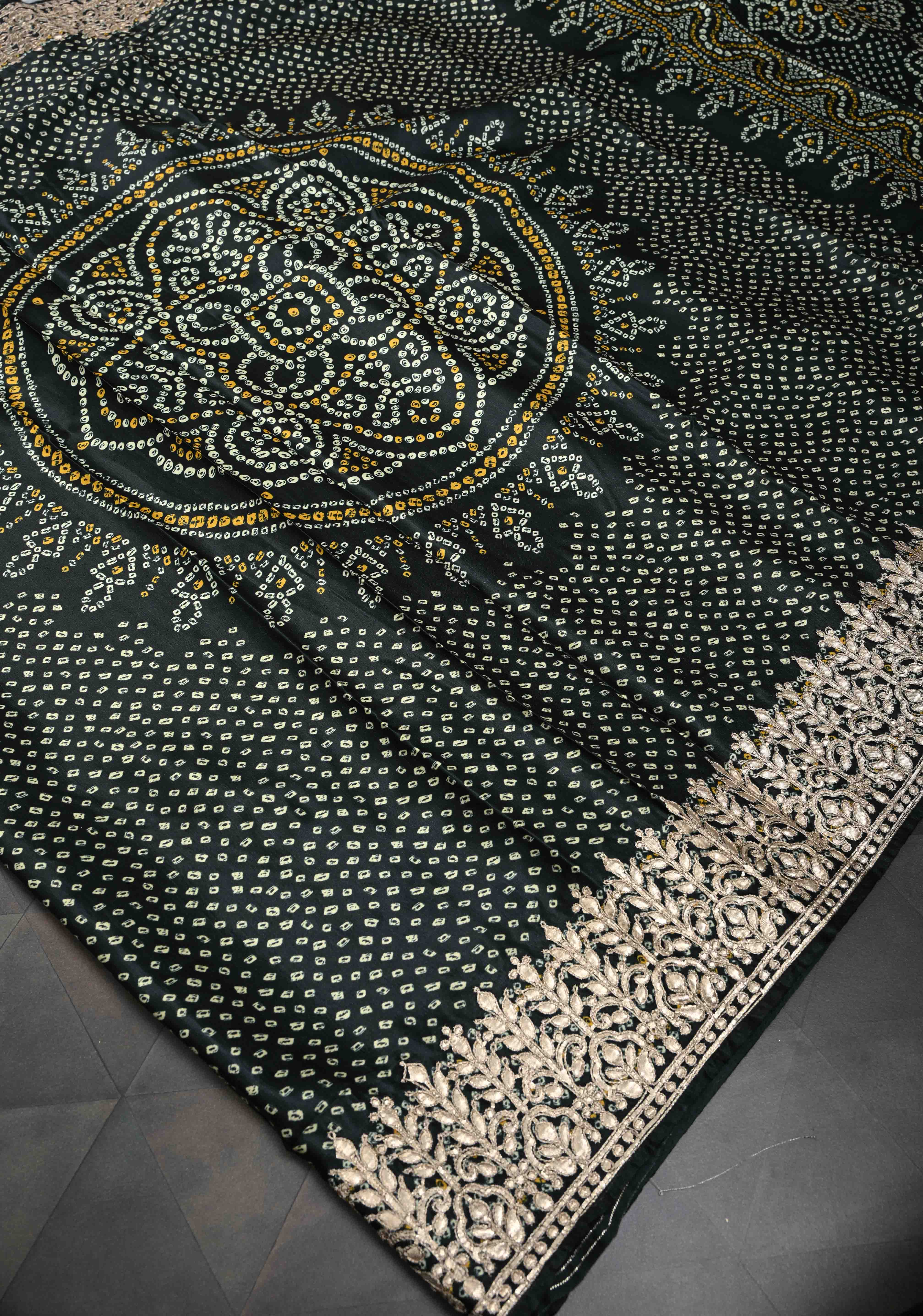 Deep Green Gajji Silk Saree with Bandhni Digital Print and Gotta Patti Borders and Crushed Pallu | Shobitam