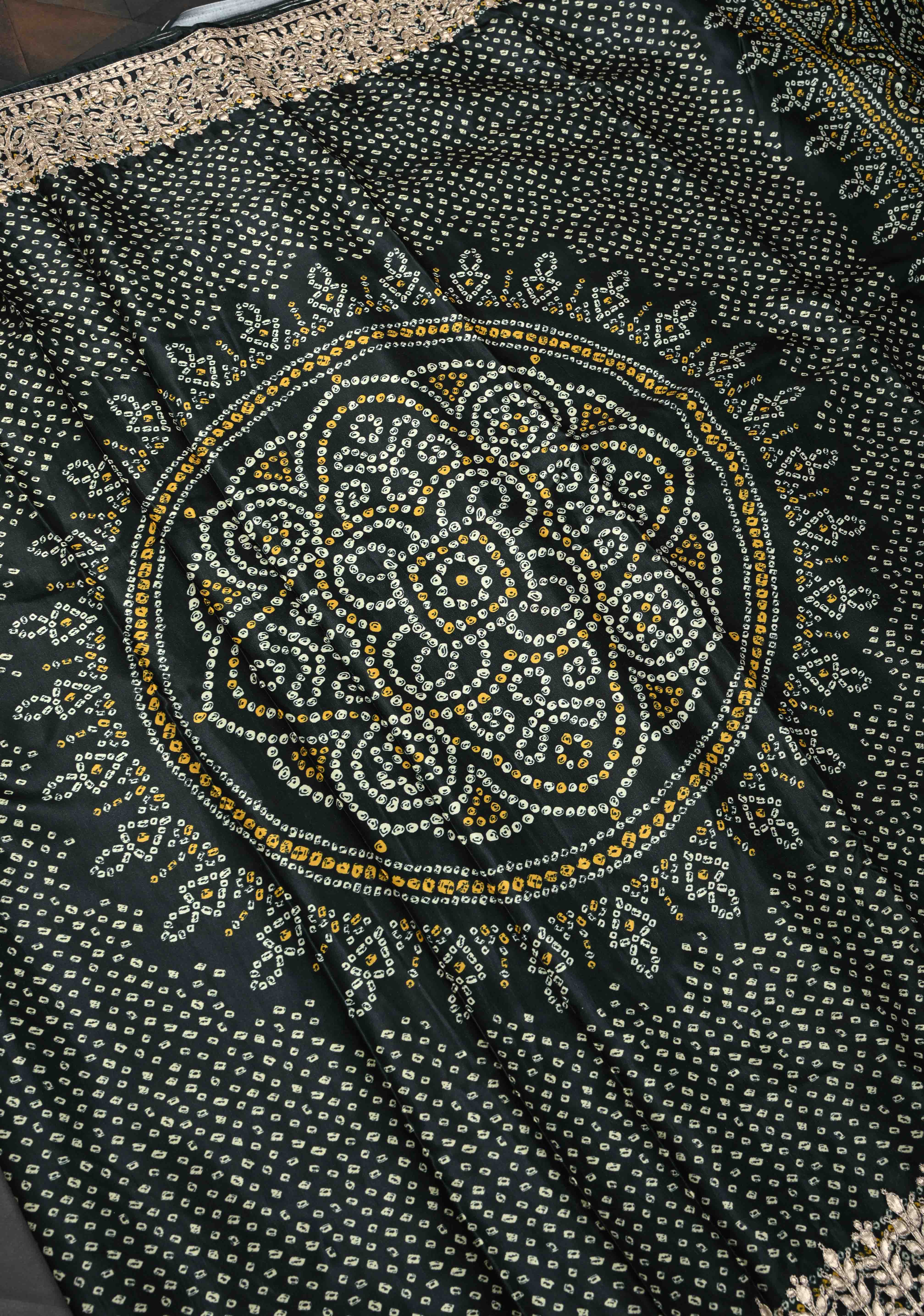 Deep Green Gajji Silk Saree with Bandhni Digital Print and Gotta Patti Borders and Crushed Pallu | Shobitam