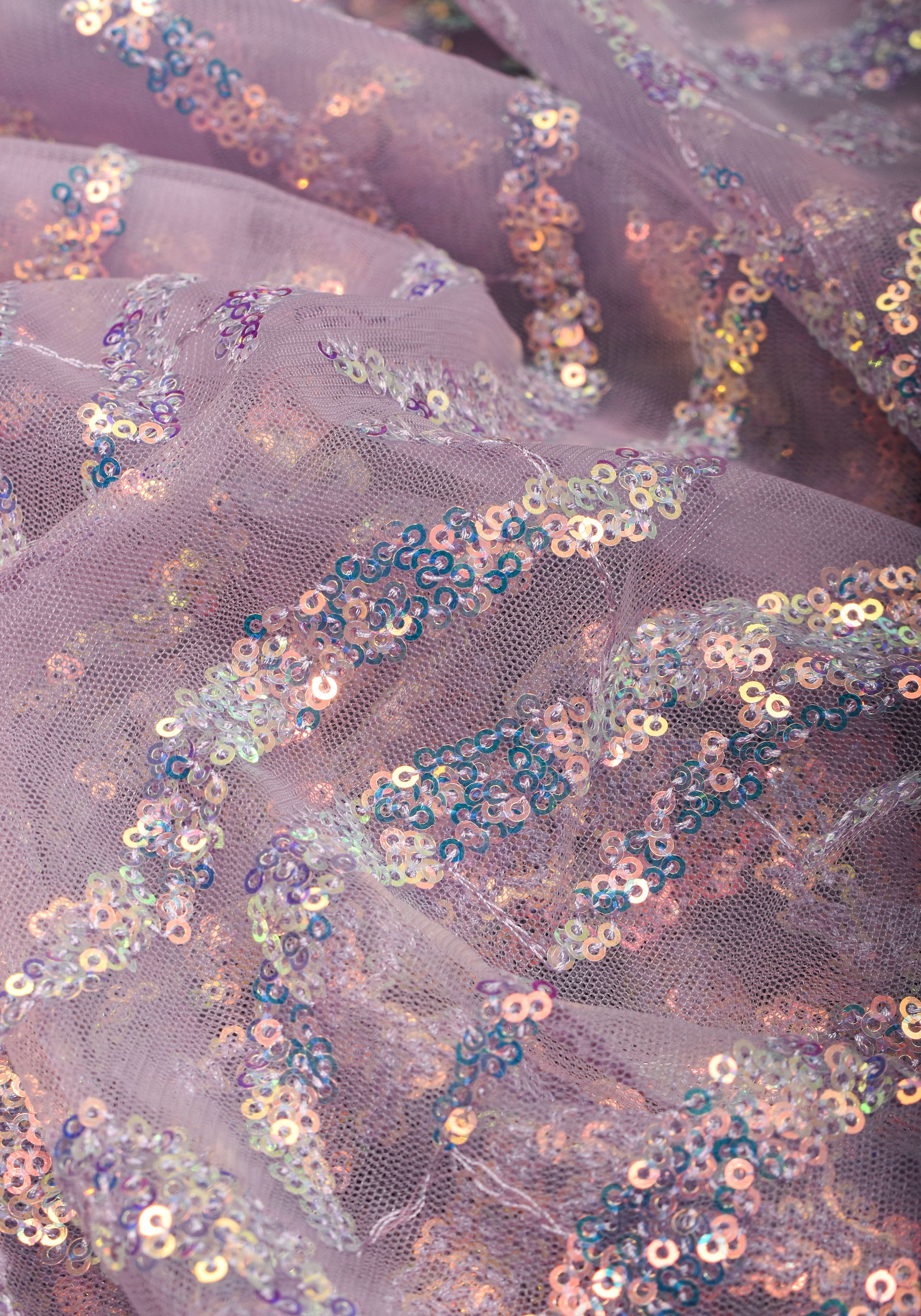 Swirls Design Dusty Pastel lavender Net Saree with sequins | Shobitam