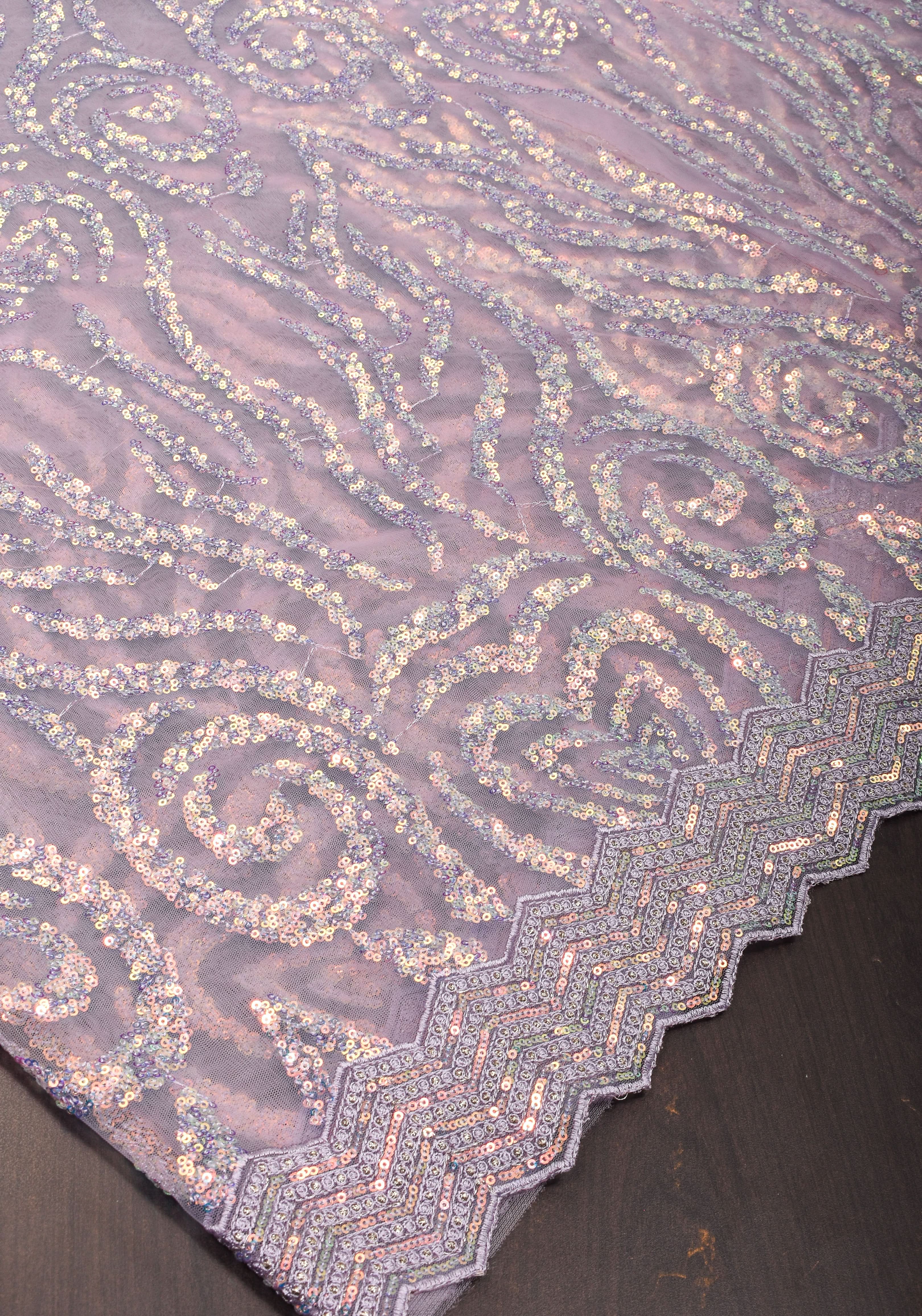 Swirls Design Dusty Pastel lavender Net Saree with sequins | Shobitam