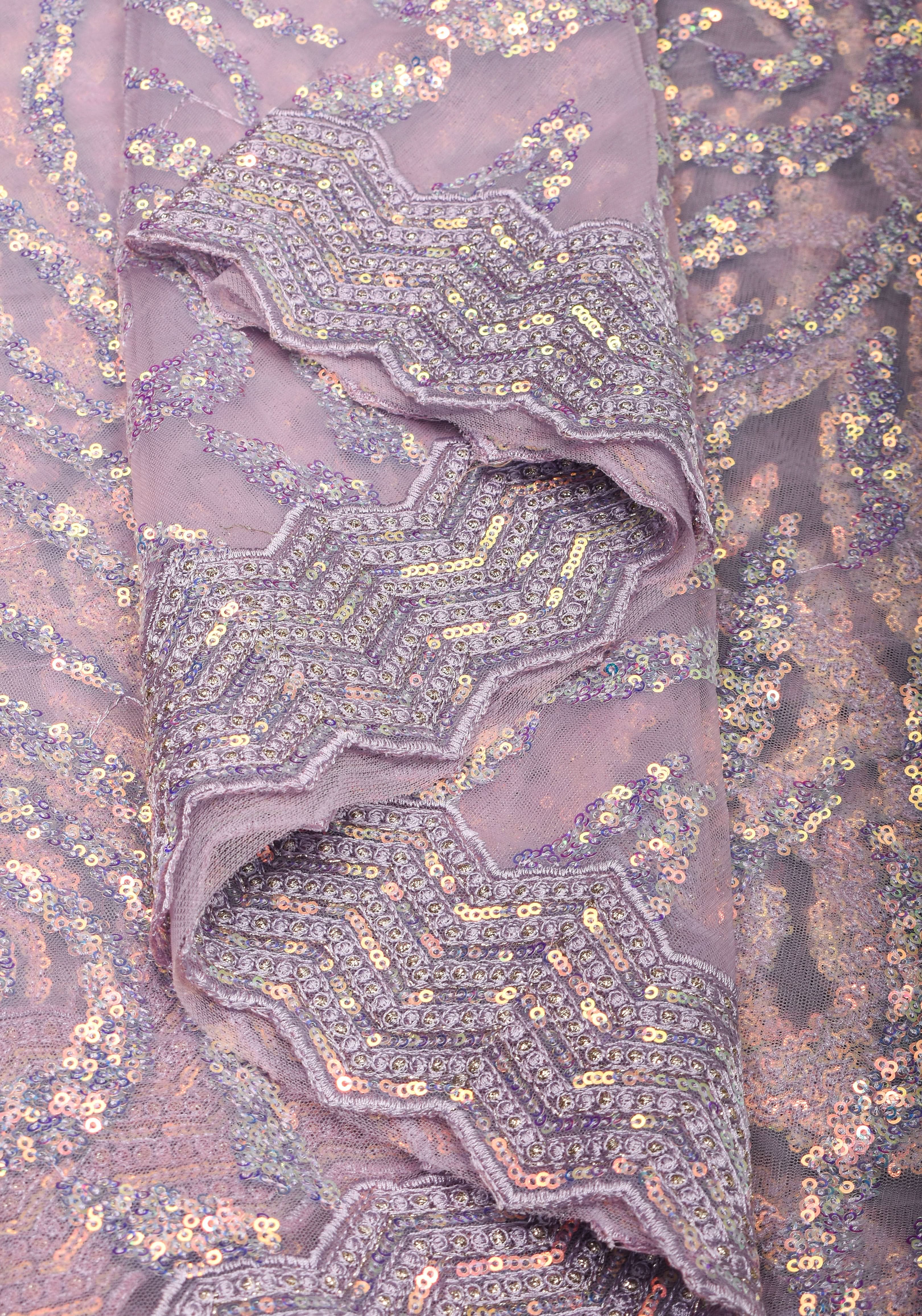 Swirls Design Dusty Pastel lavender Net Saree with sequins | Shobitam