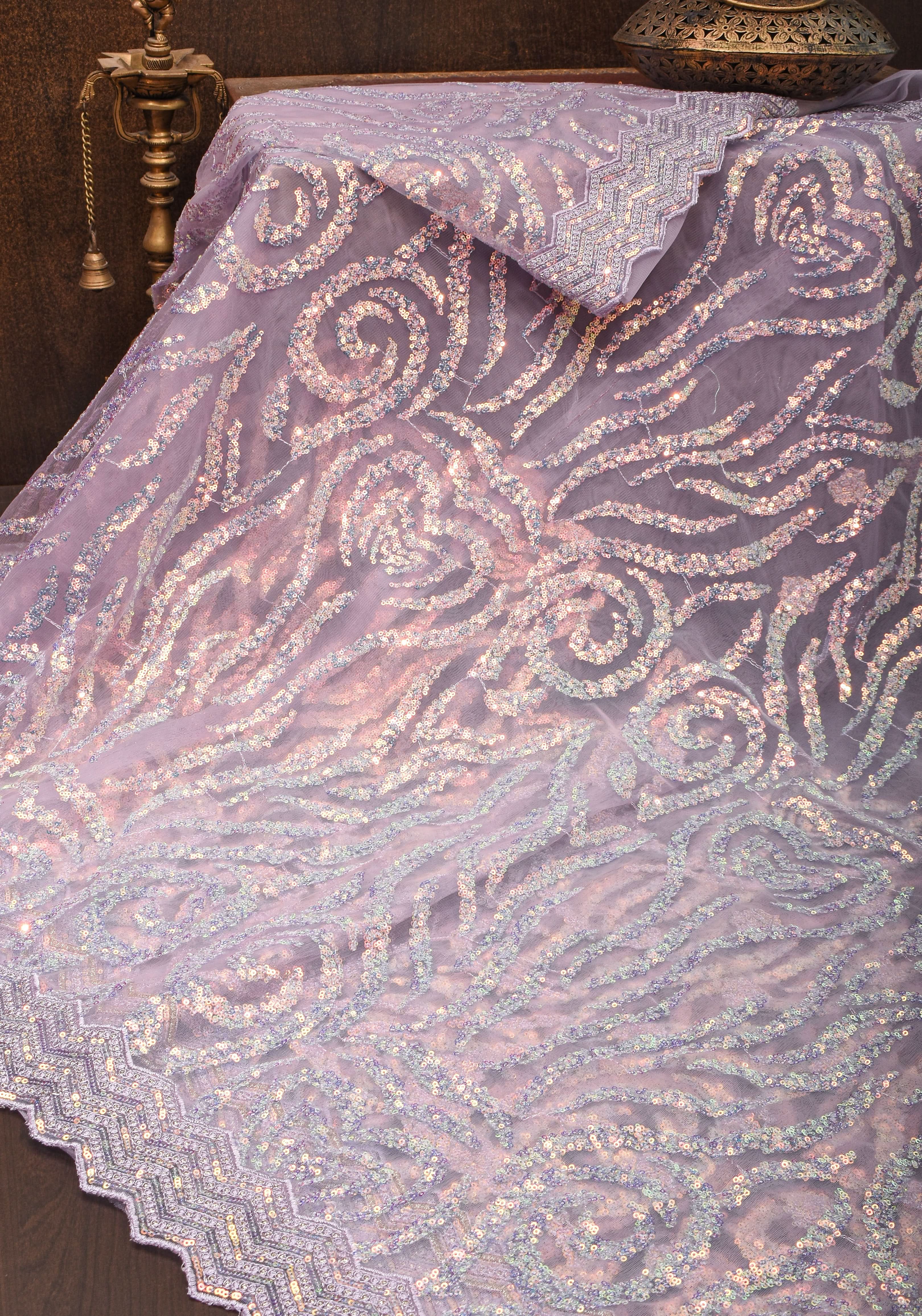 Swirls Design Dusty Pastel lavender Net Saree with sequins | Shobitam