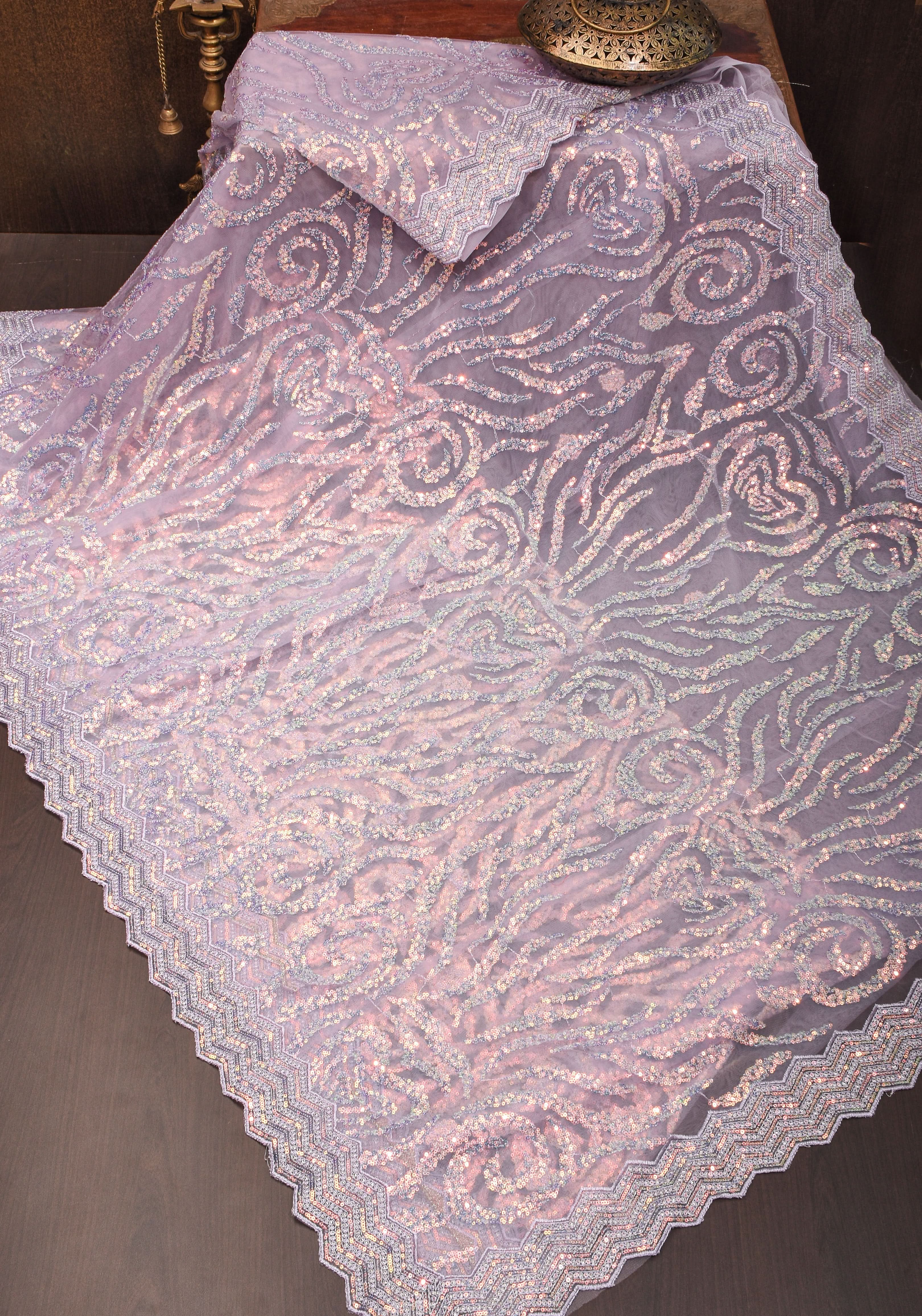 Swirls Design Dusty Pastel lavender Net Saree with sequins | Shobitam