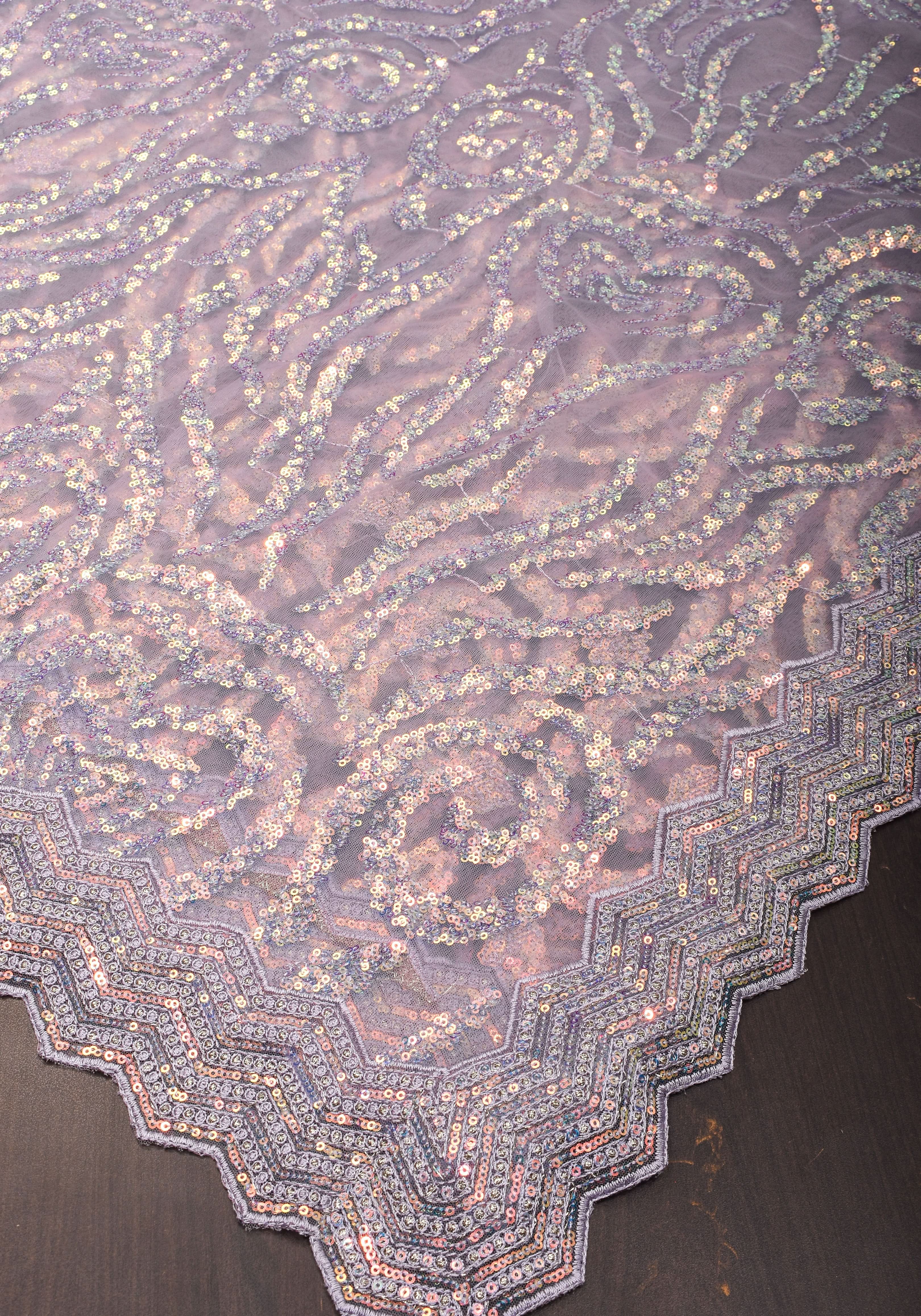 Swirls Design Dusty Pastel lavender Net Saree with sequins | Shobitam