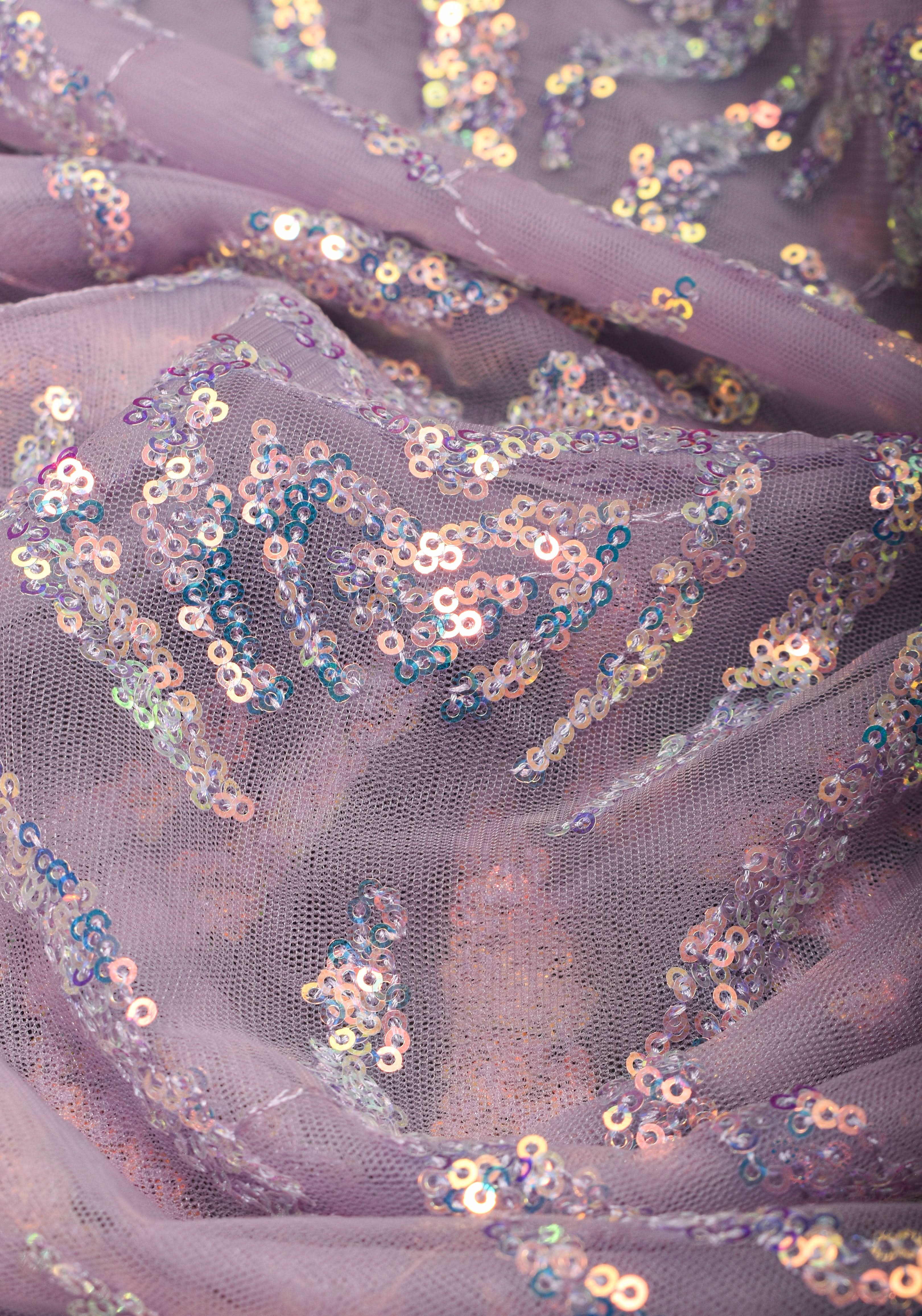 Swirls Design Dusty Pastel lavender Net Saree with sequins | Shobitam