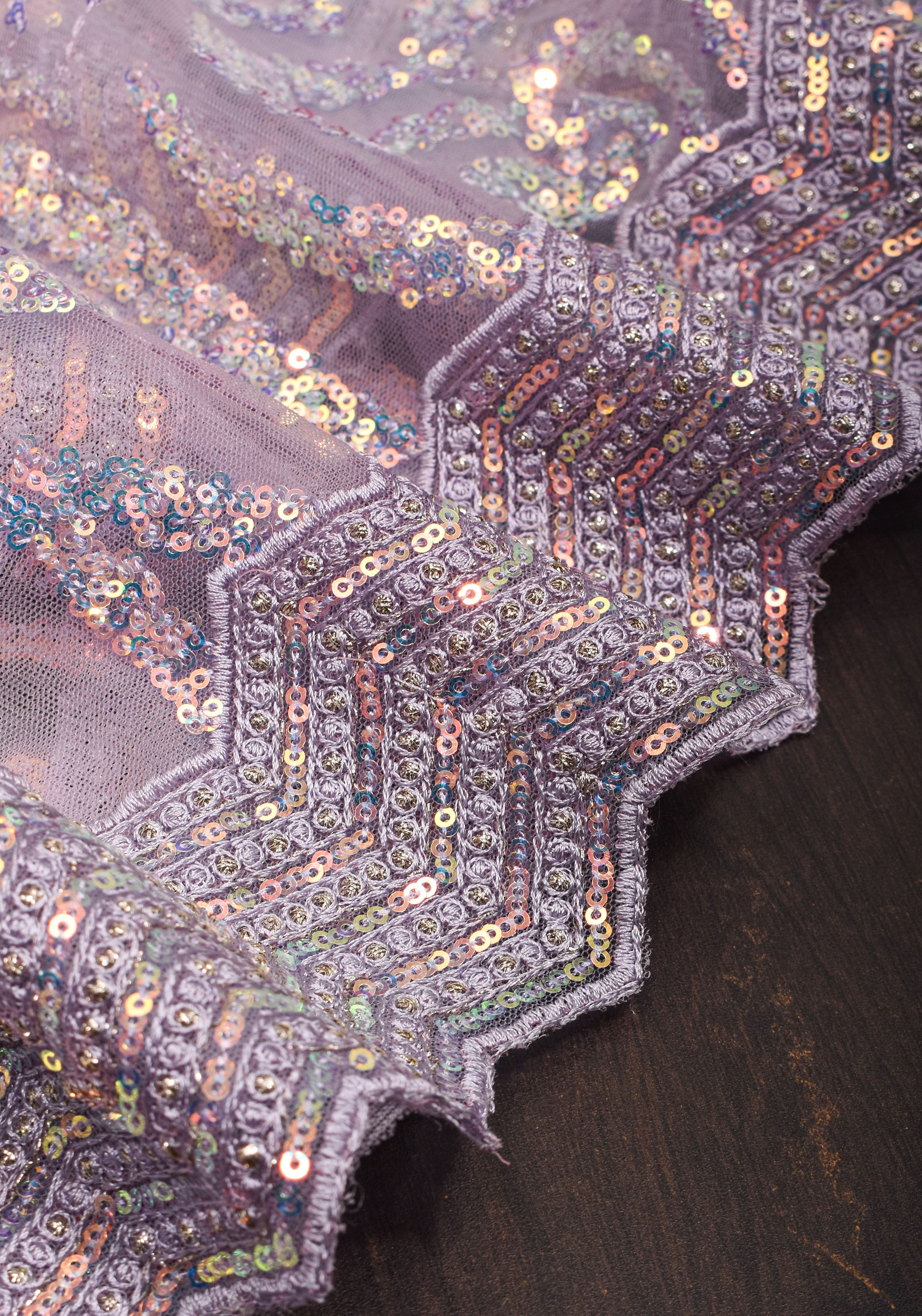 Swirls Design Dusty Pastel lavender Net Saree with sequins | Shobitam
