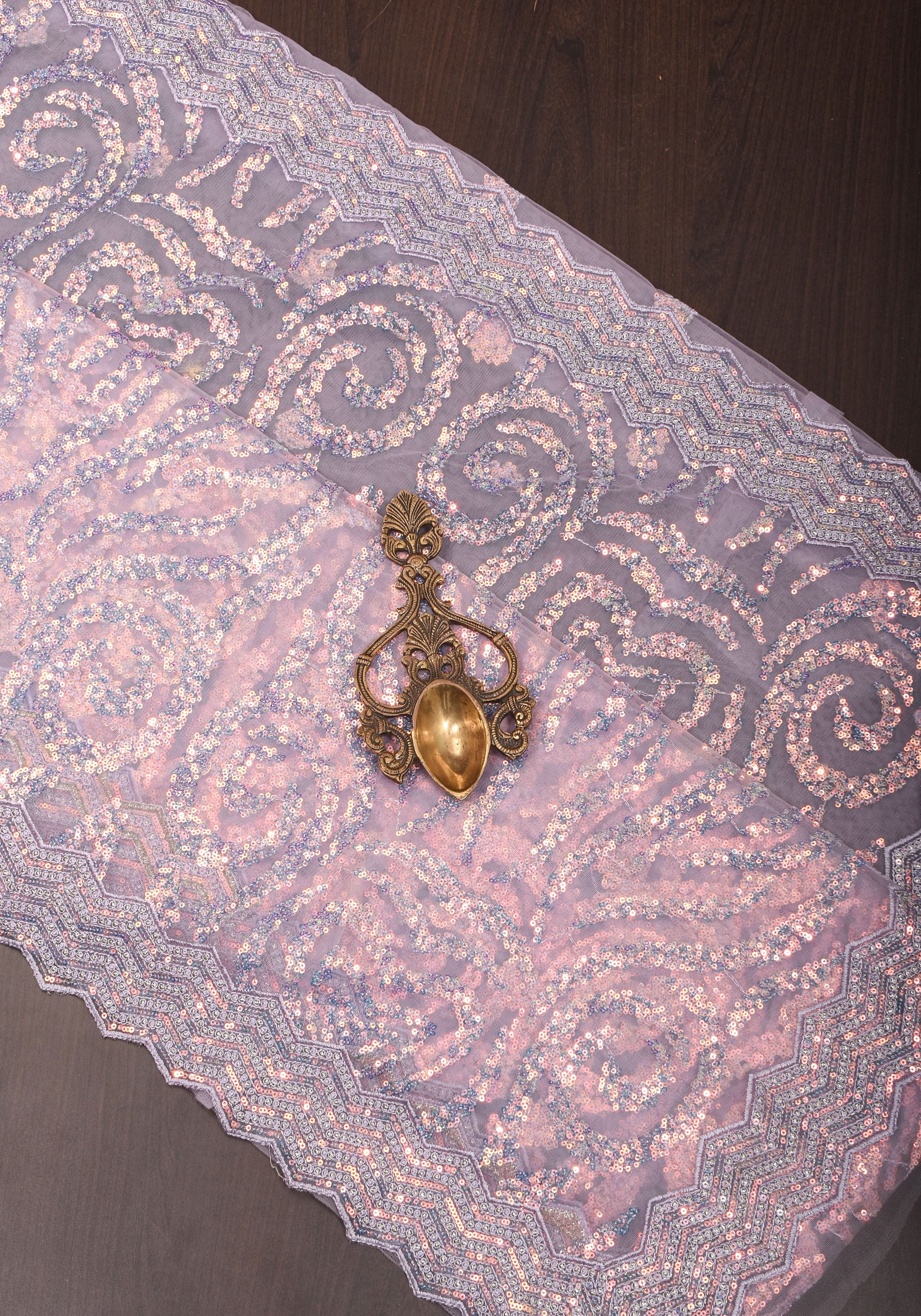 Swirls Design Dusty Pastel lavender Net Saree with sequins | Shobitam