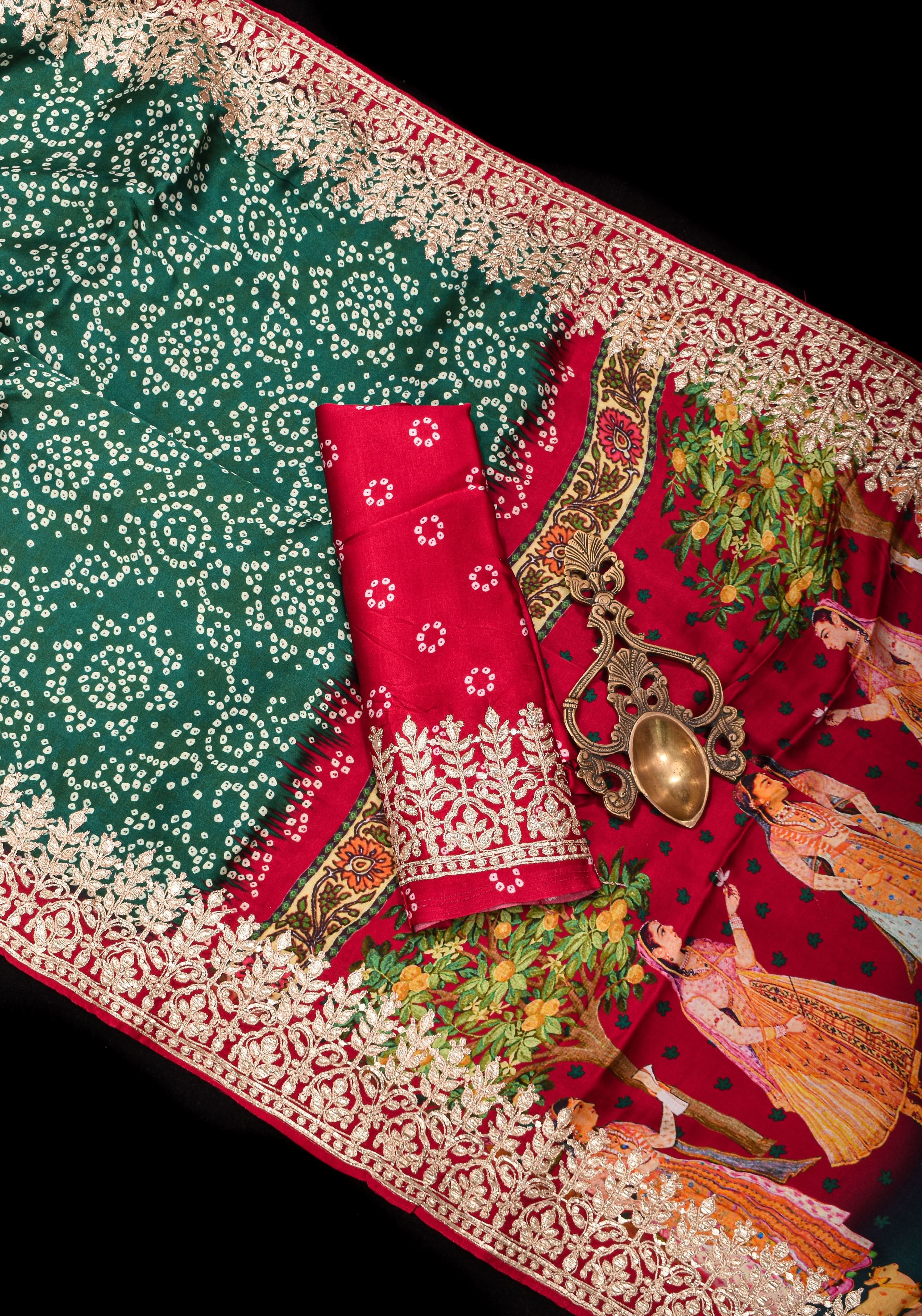 Gajji Silk Saree with Bandhni and Pichwai Print and Crushed Zari Border in Green | Sarees By Shobitam