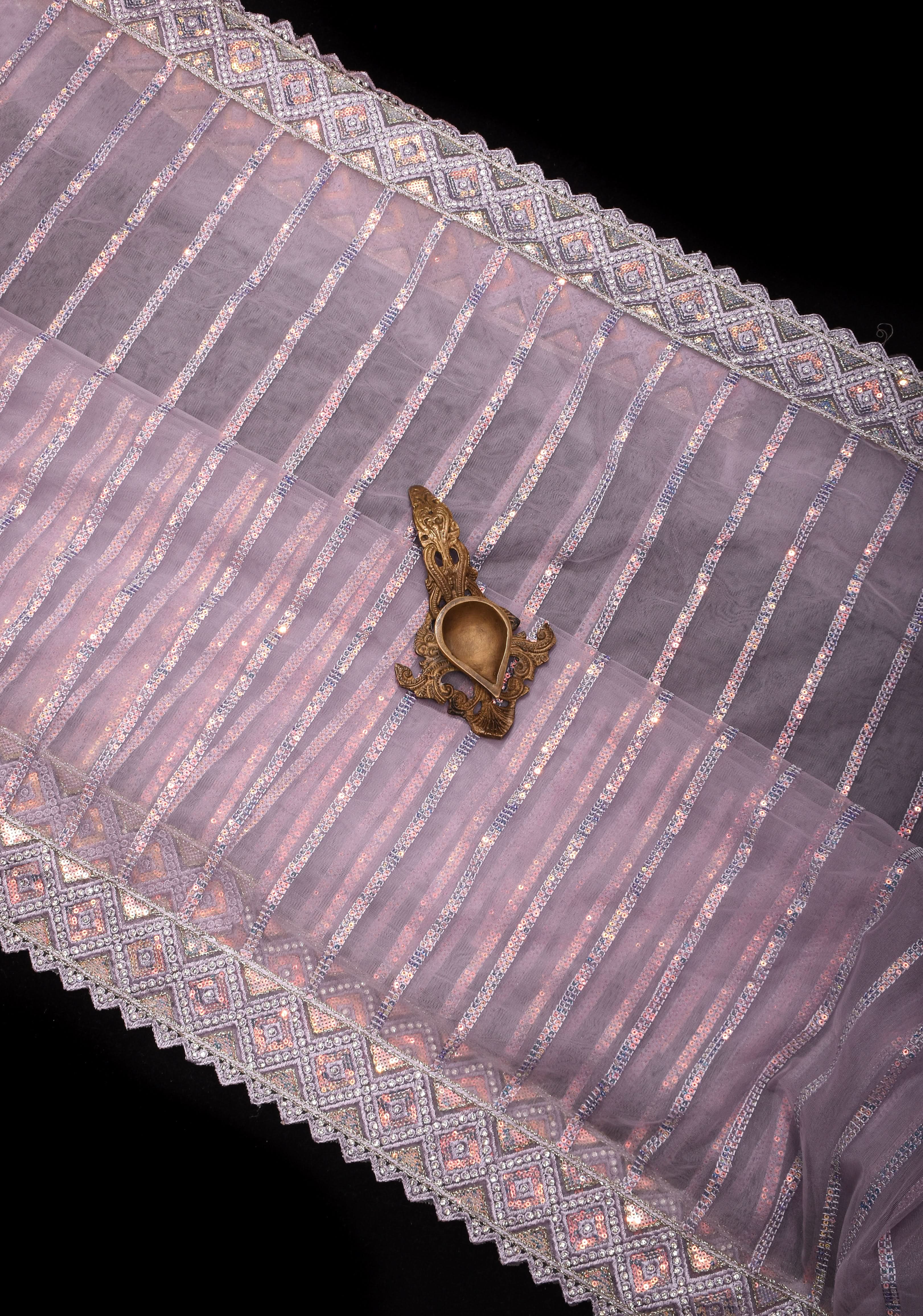Dusty Lilac Stripes Design Sequins on Net Saree | Shobitam