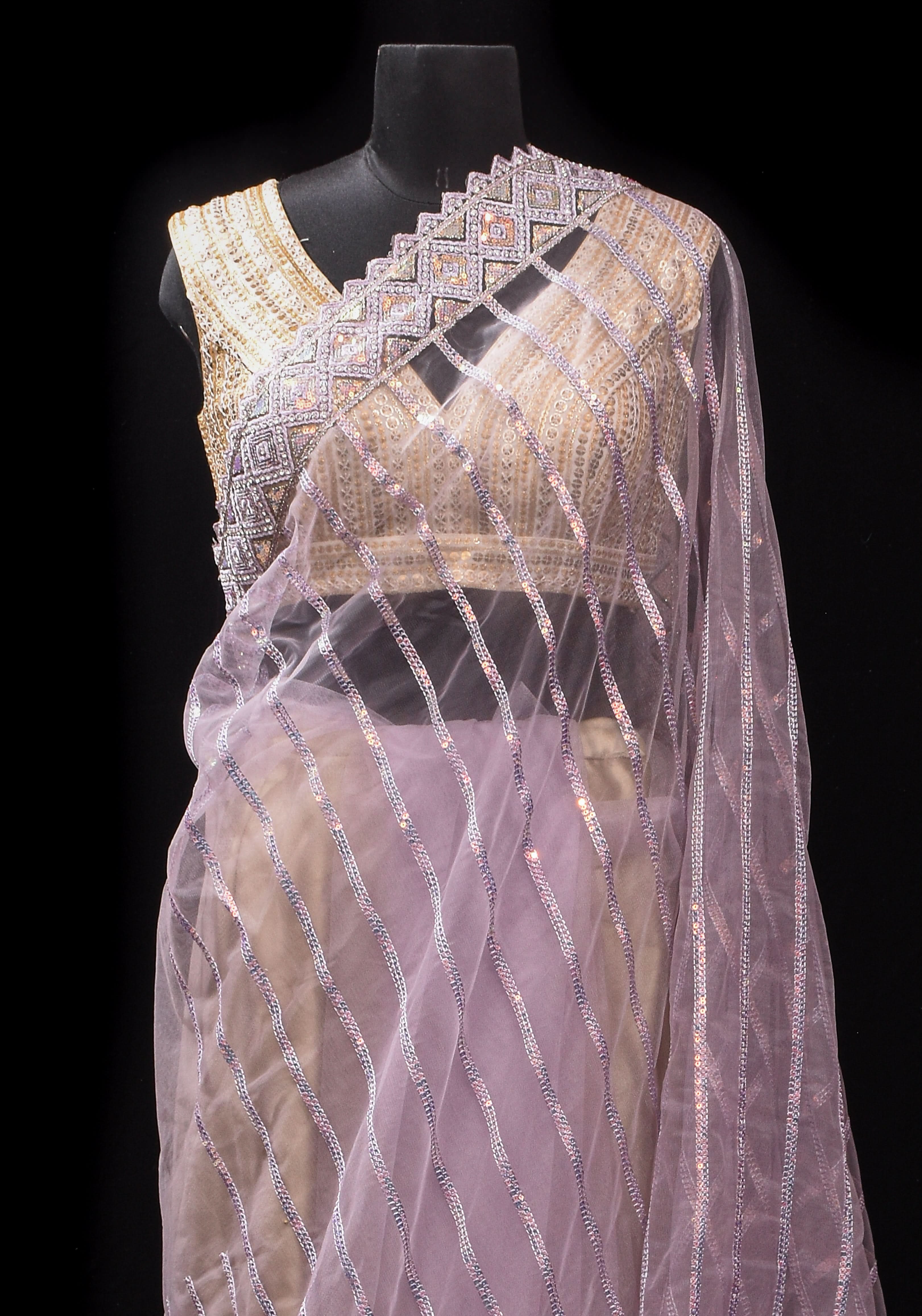 Dusty Lilac Stripes Design Sequins on Net Saree | Shobitam