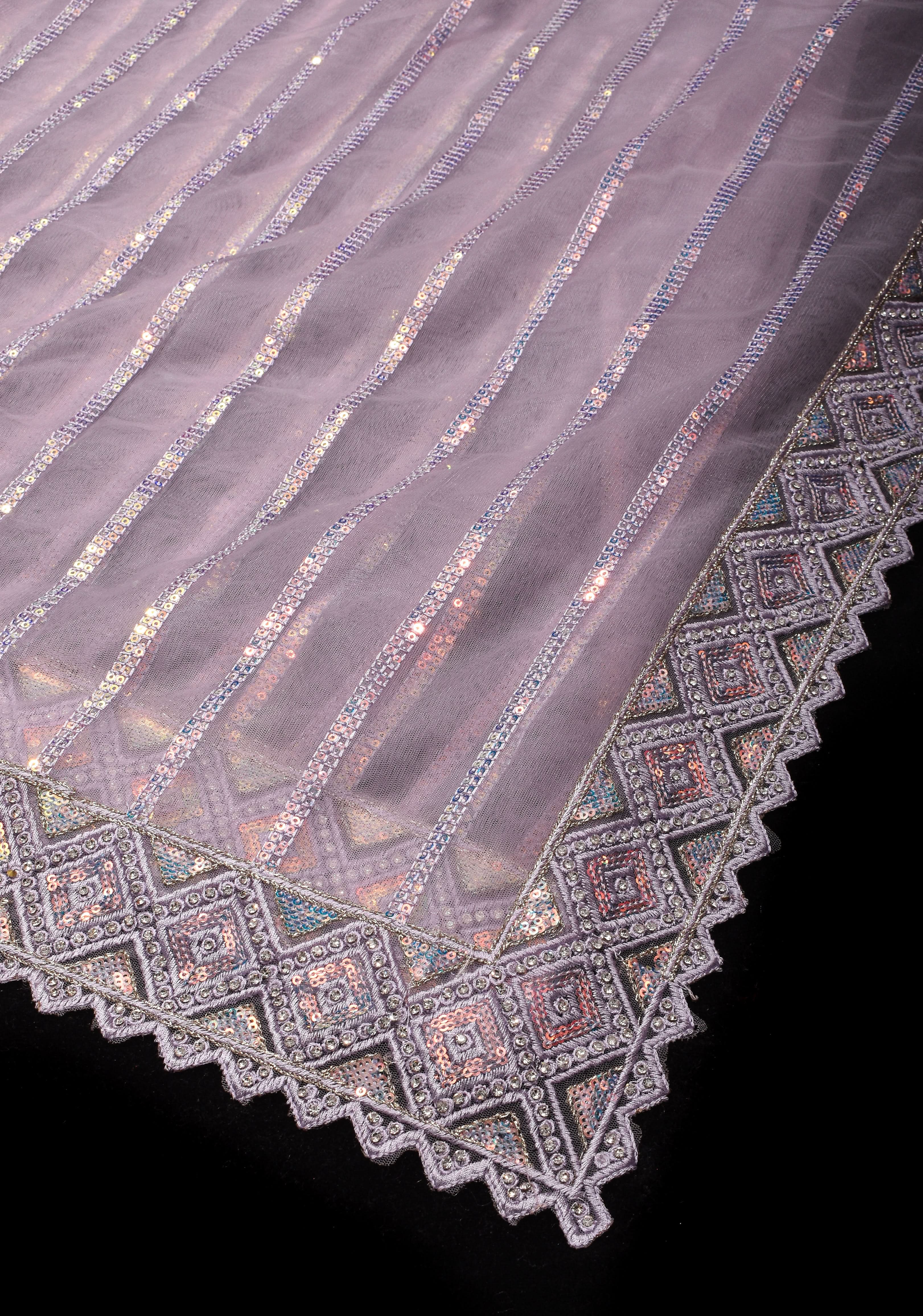 Dusty Lilac Stripes Design Sequins on Net Saree | Shobitam