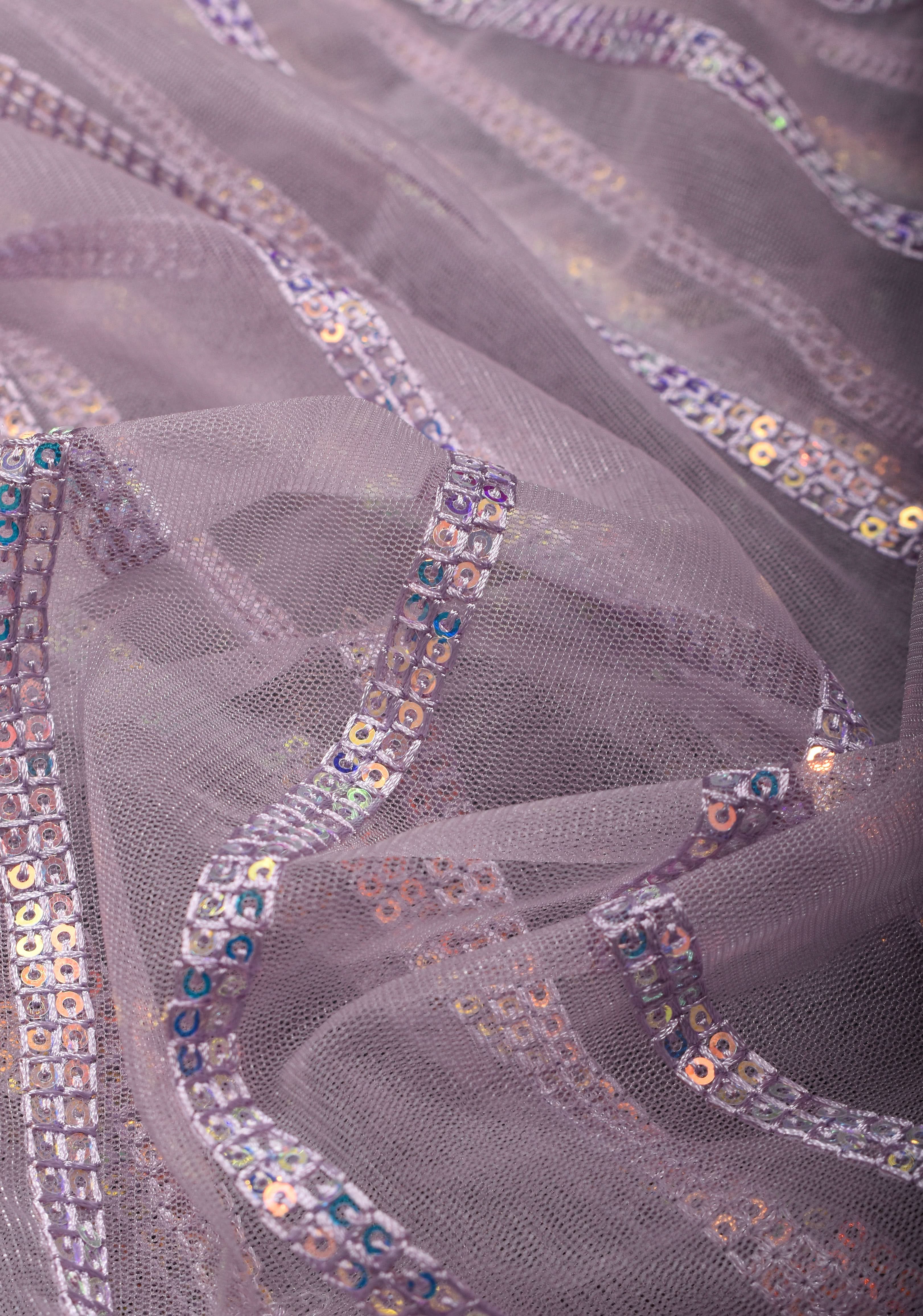Dusty Lilac Stripes Design Sequins on Net Saree | Shobitam
