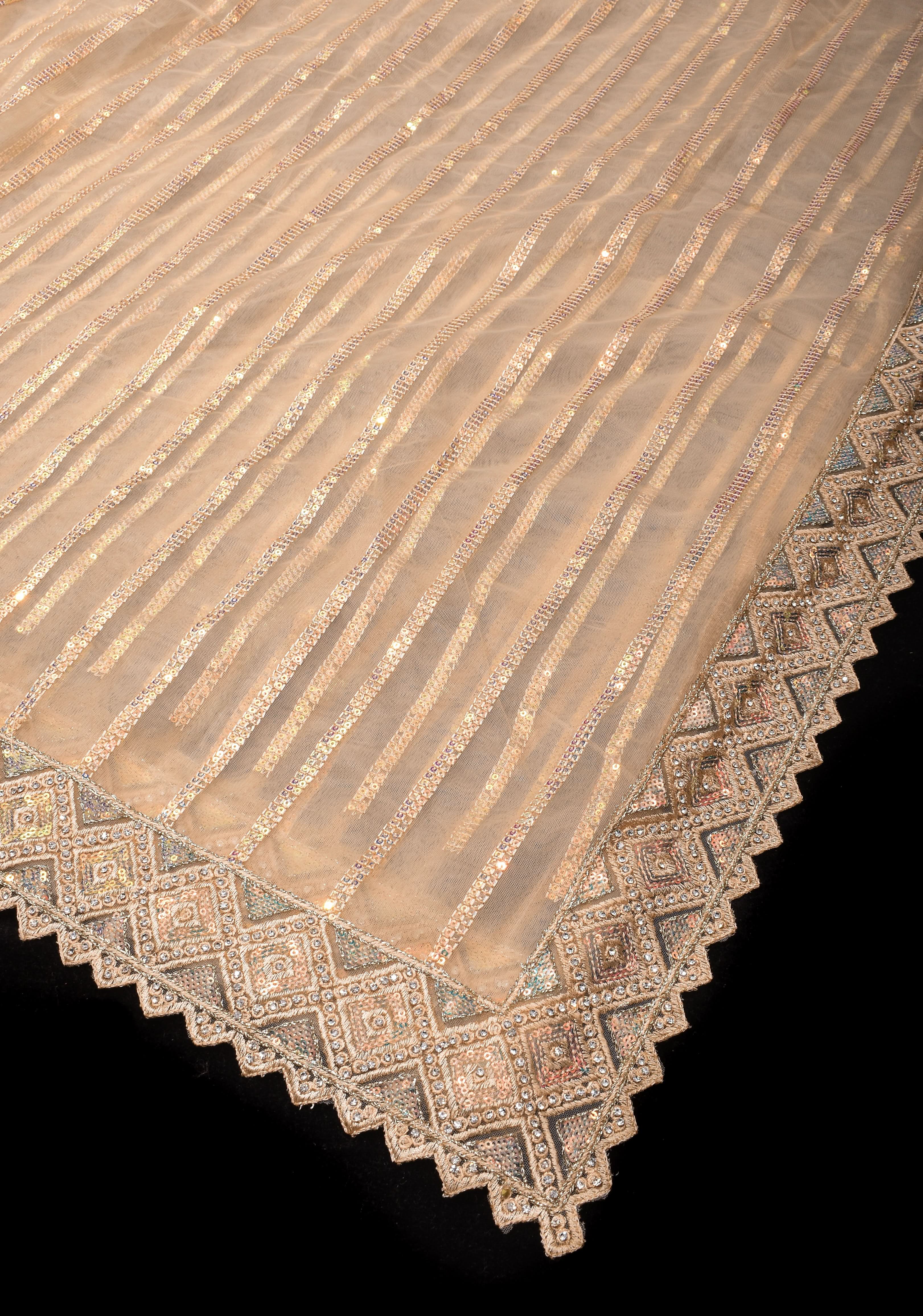 Beige tone Stripes Design Sequins on Net Saree | Shobitam