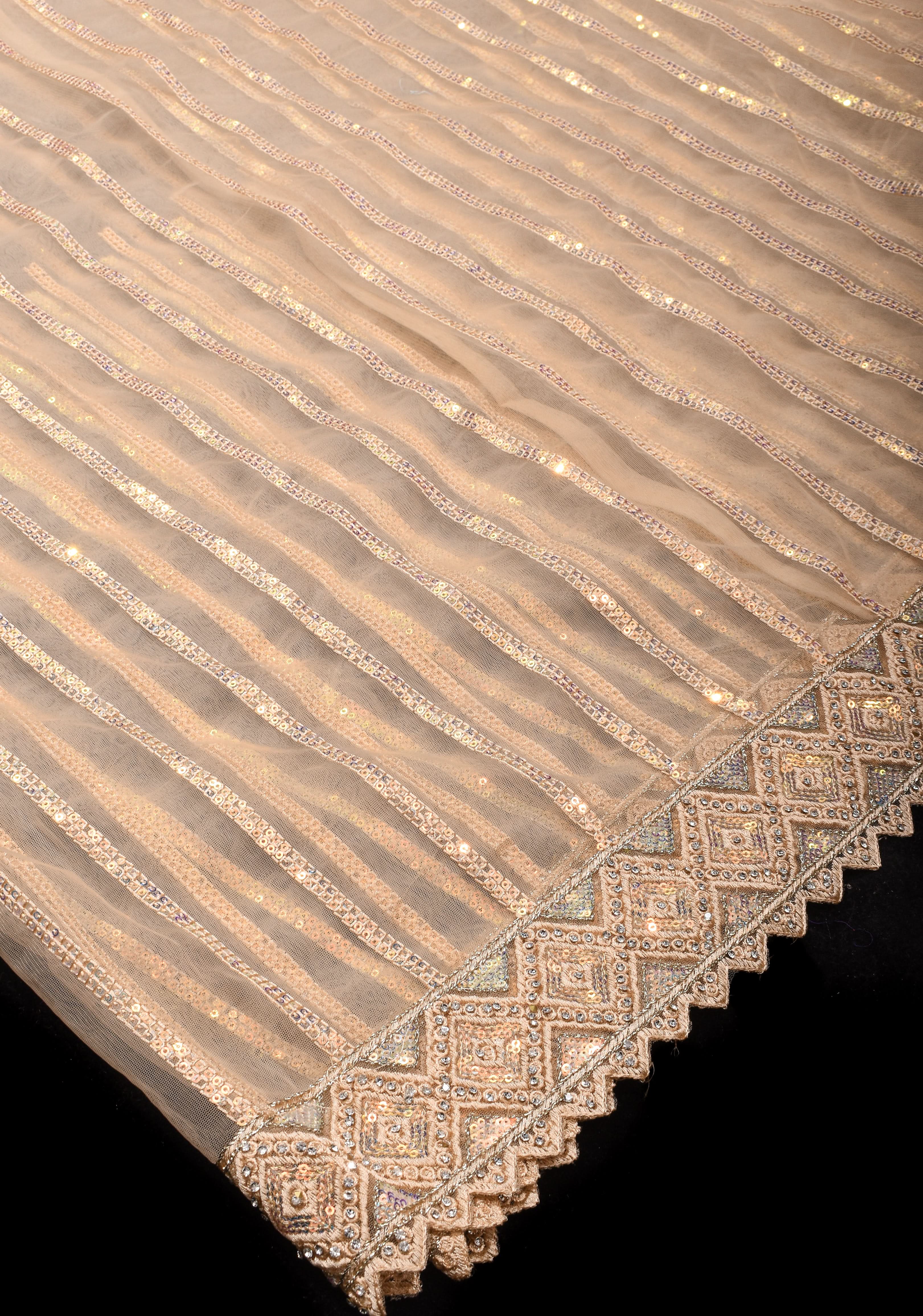 Beige tone Stripes Design Sequins on Net Saree | Shobitam