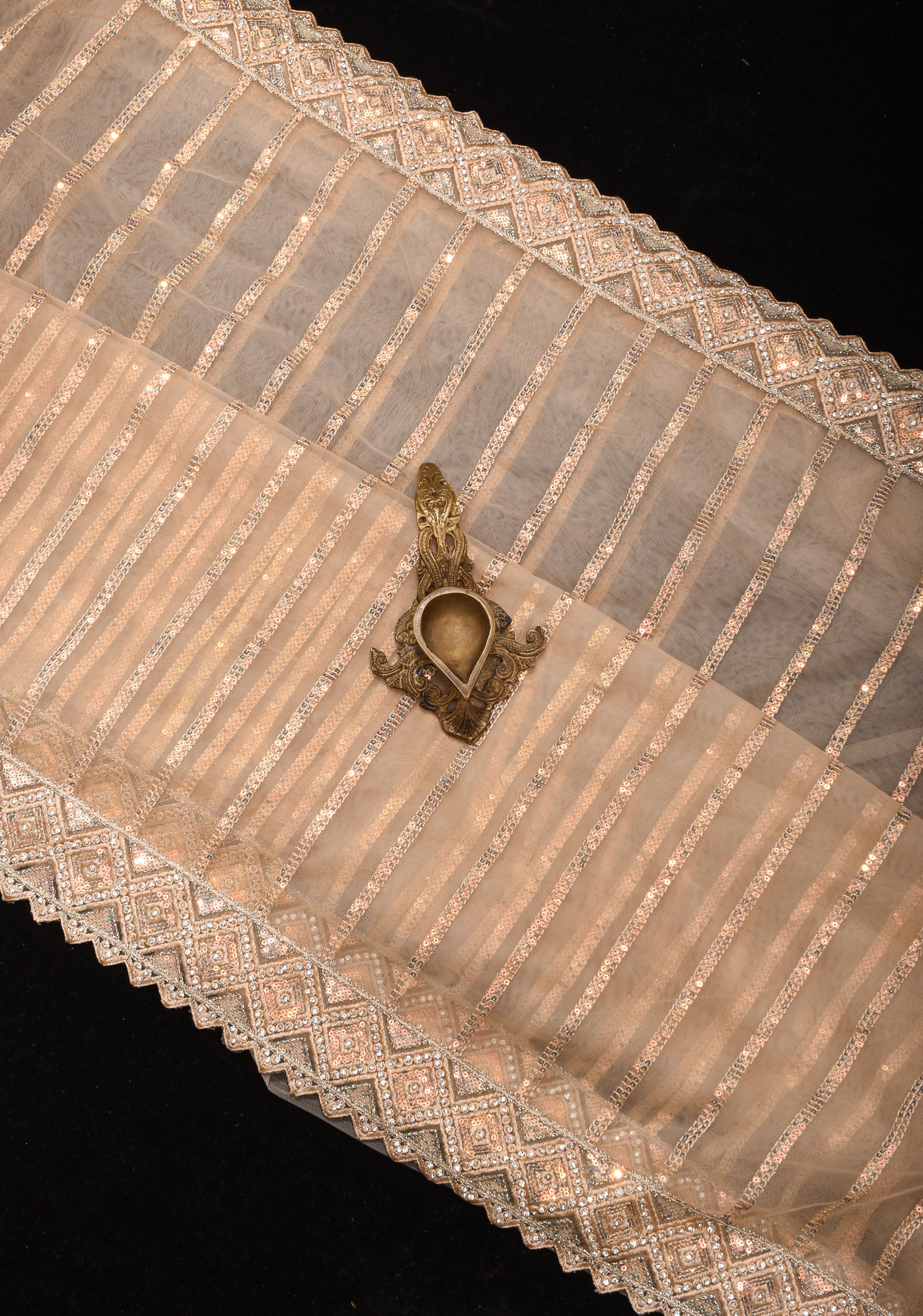 Beige tone Stripes Design Sequins on Net Saree | Shobitam