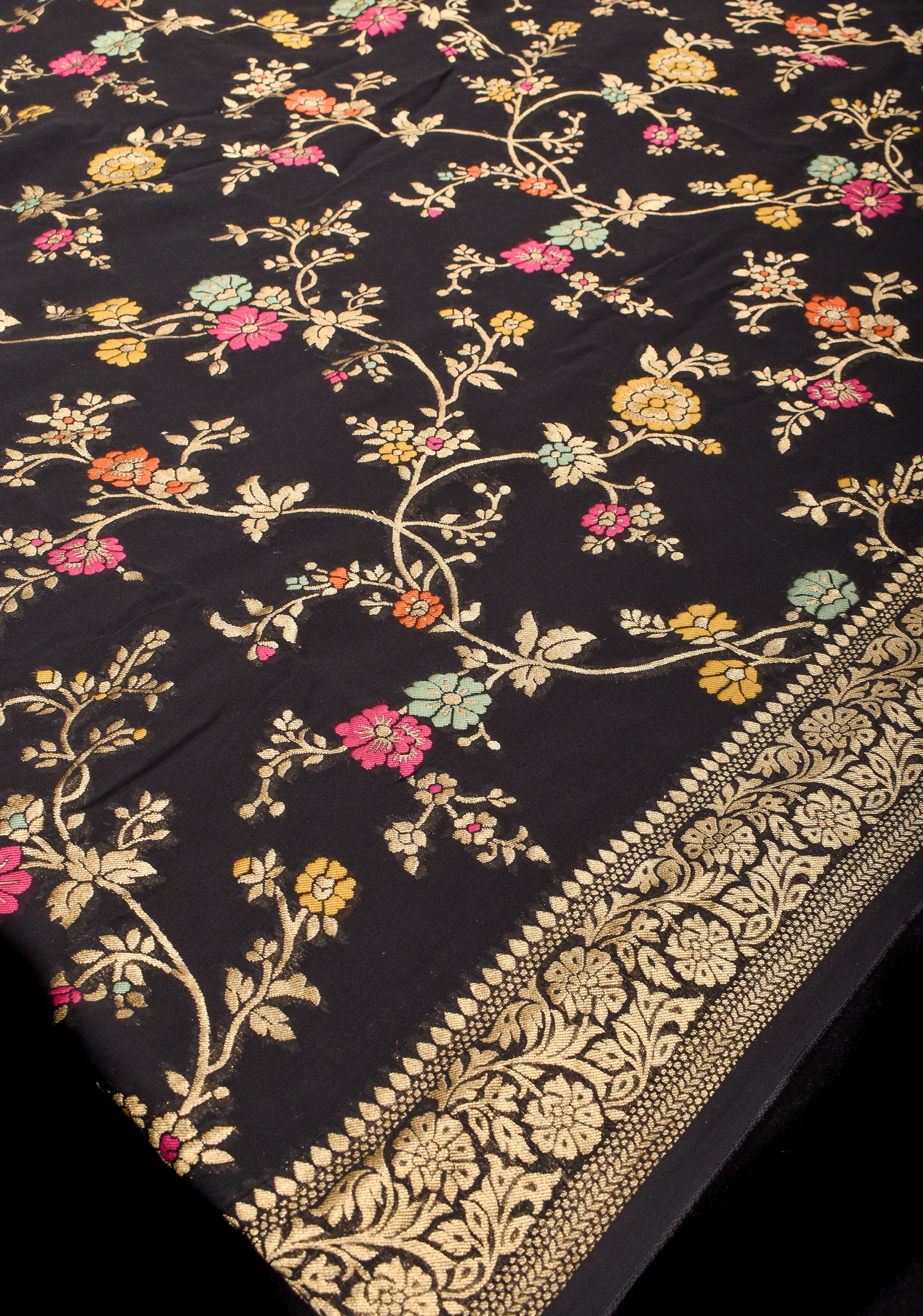 Black Viscose Saree with Meenakari Floral Jaal and Floral Zari Border | SHOBITAM
