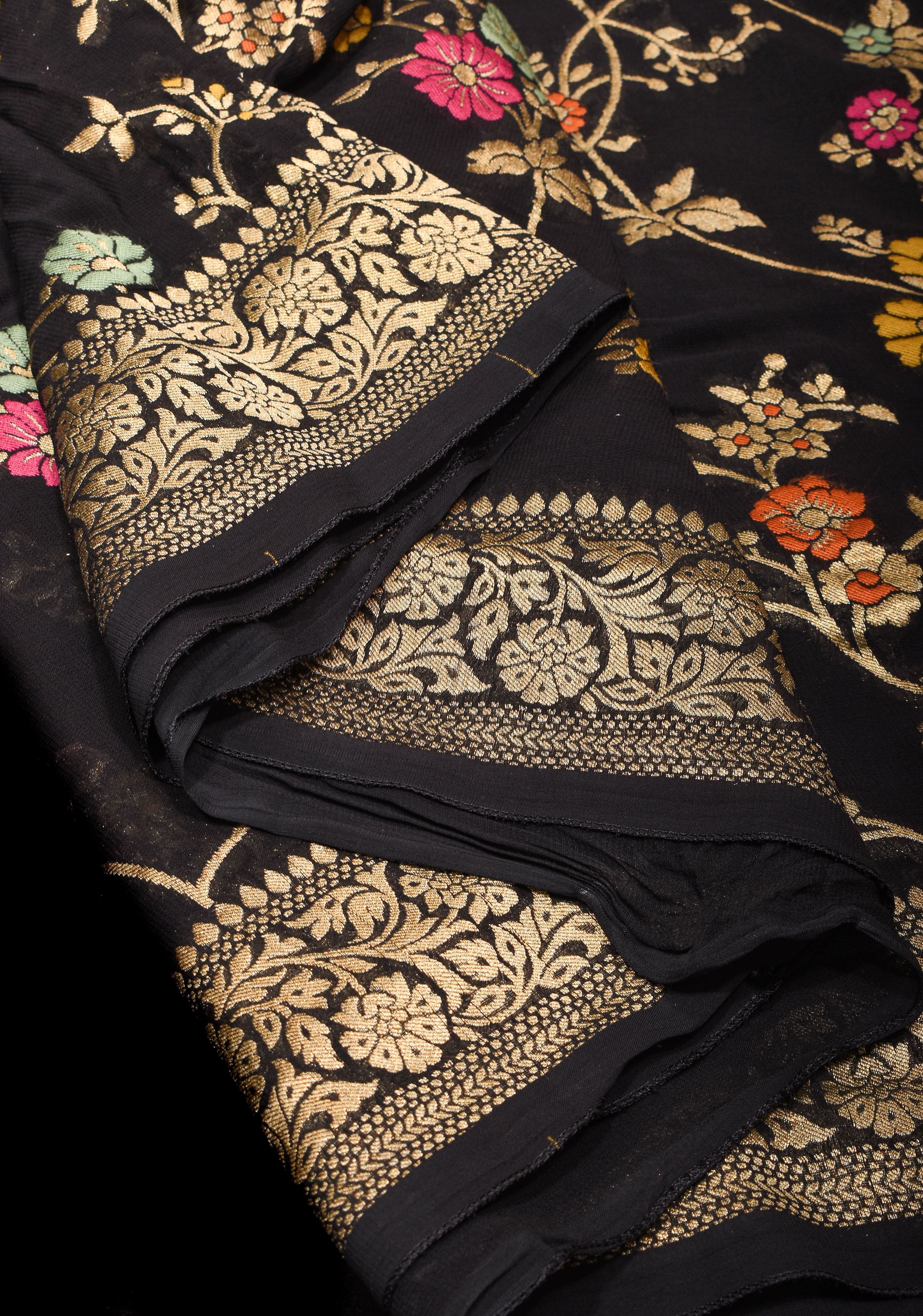 Black Viscose Saree with Meenakari Floral Jaal and Floral Zari Border | SHOBITAM