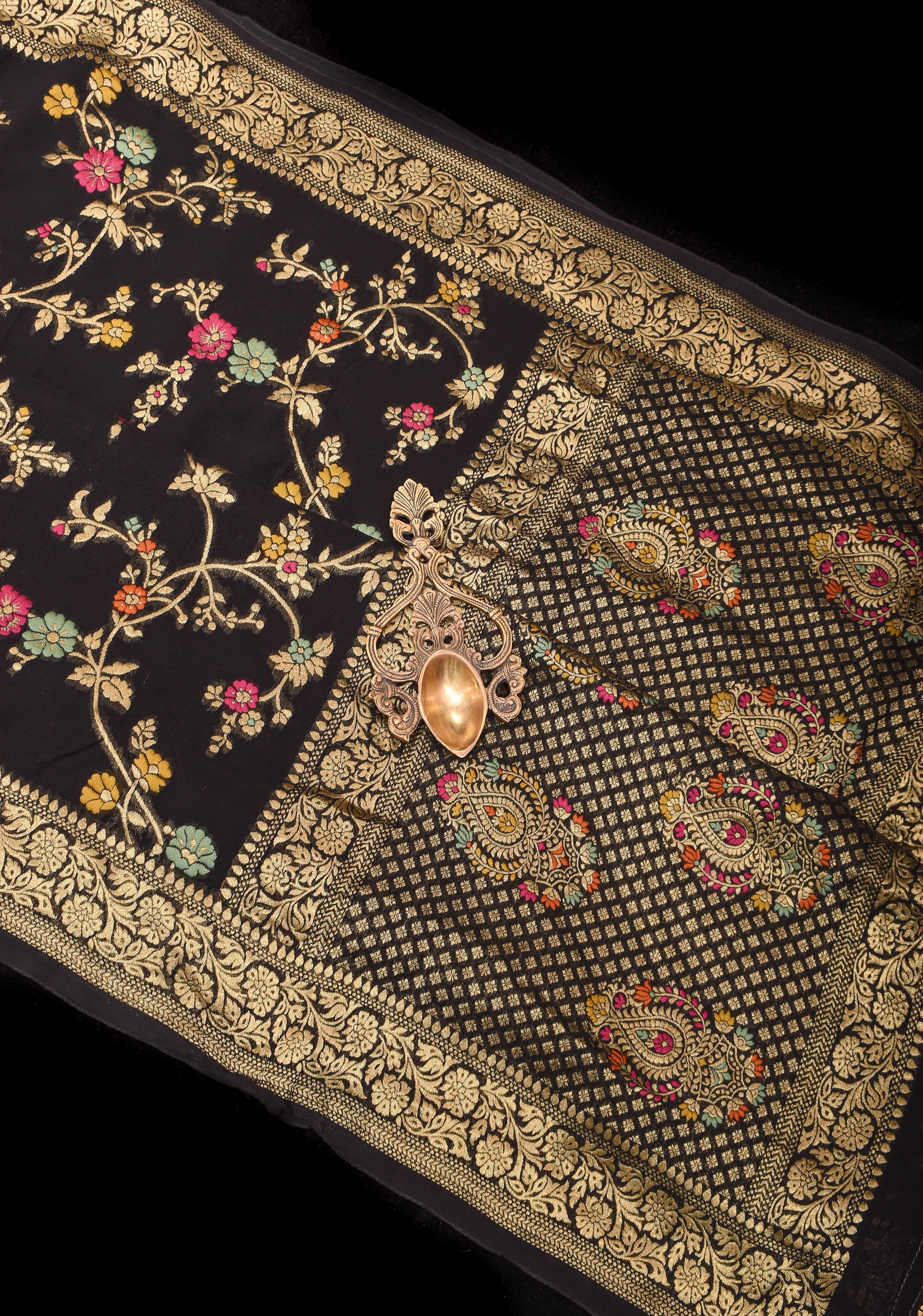 Black Viscose Saree with Meenakari Floral Jaal and Floral Zari Border | SHOBITAM