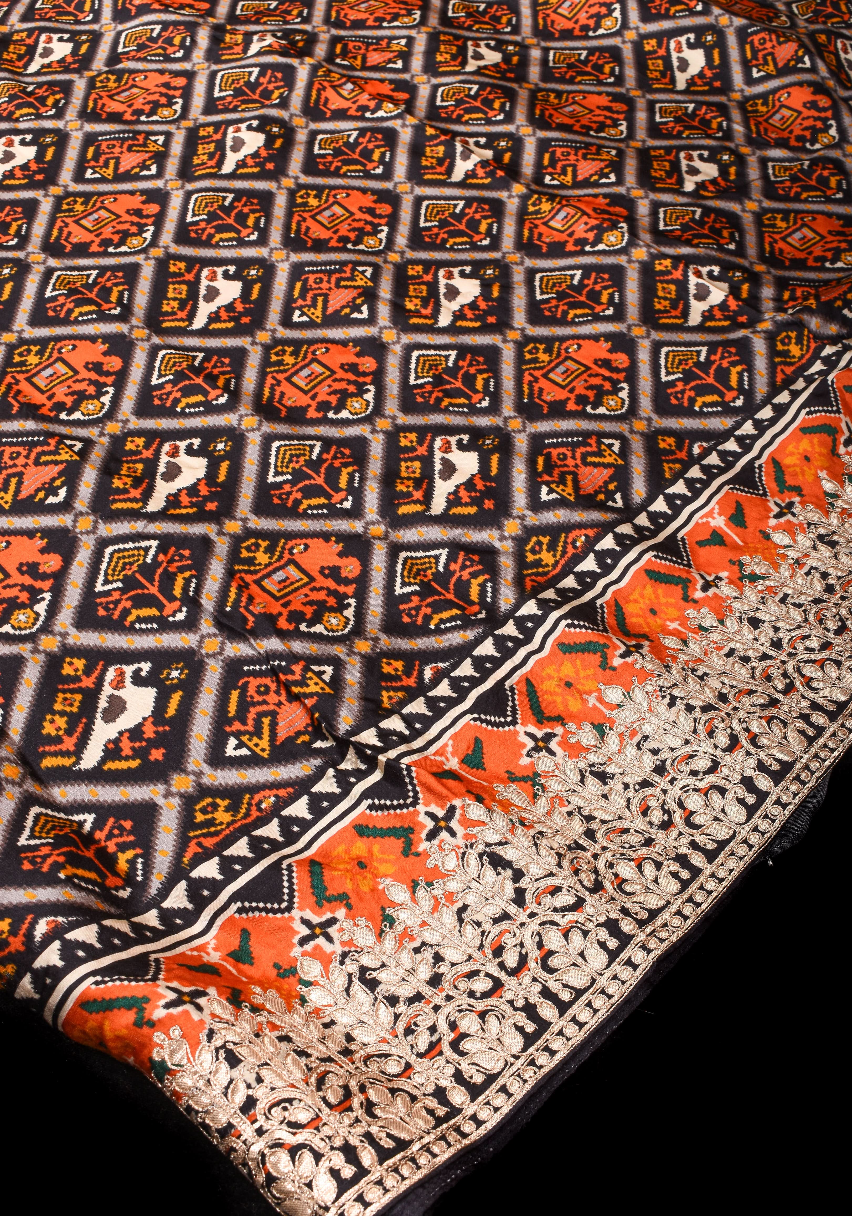 Black Patola Digital Print Gajji Silk Saree with Gotta Patti Border and Crushed Pallu | Shobitam