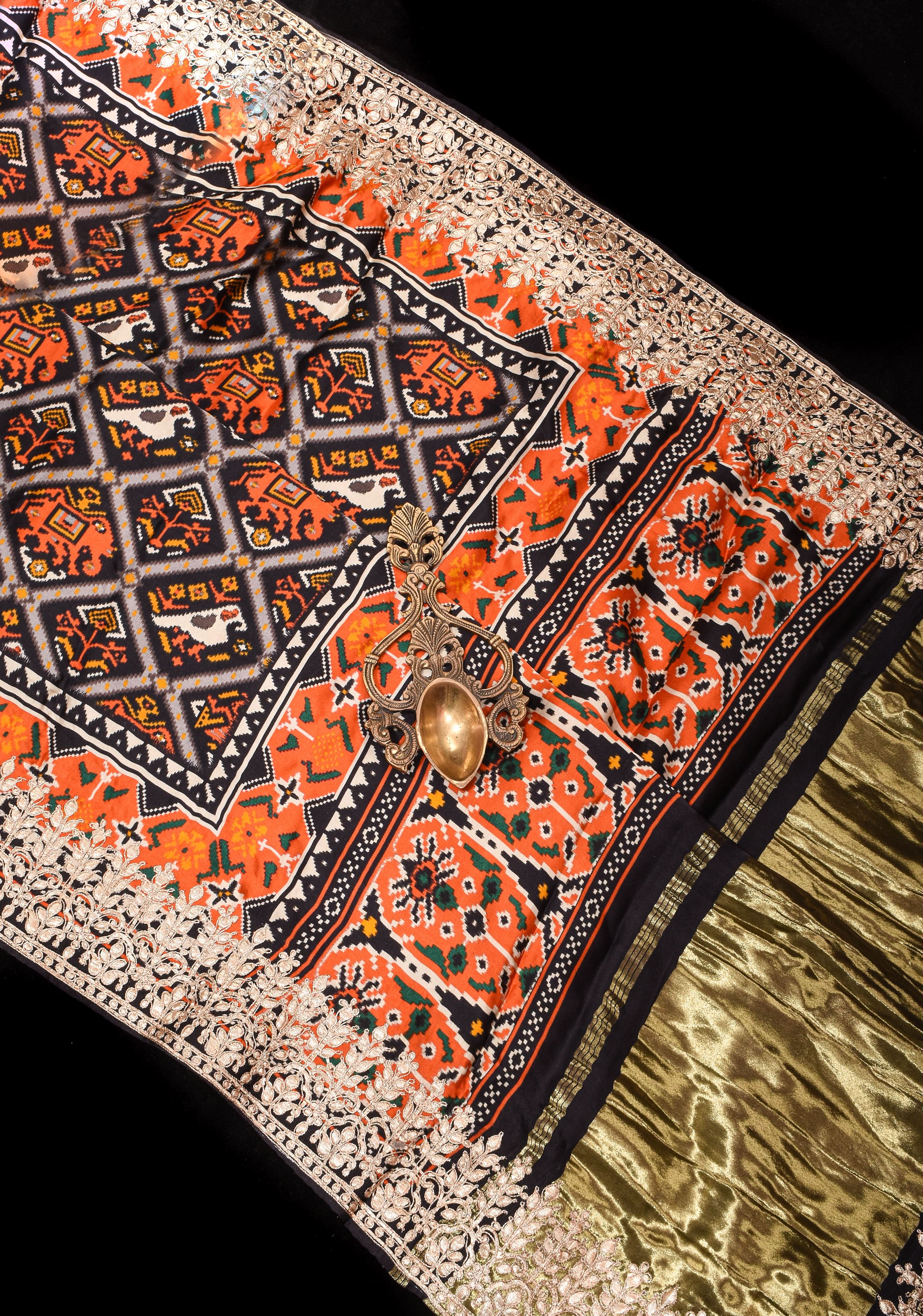 Black Patola Digital Print Gajji Silk Saree with Gotta Patti Border and Crushed Pallu | Shobitam
