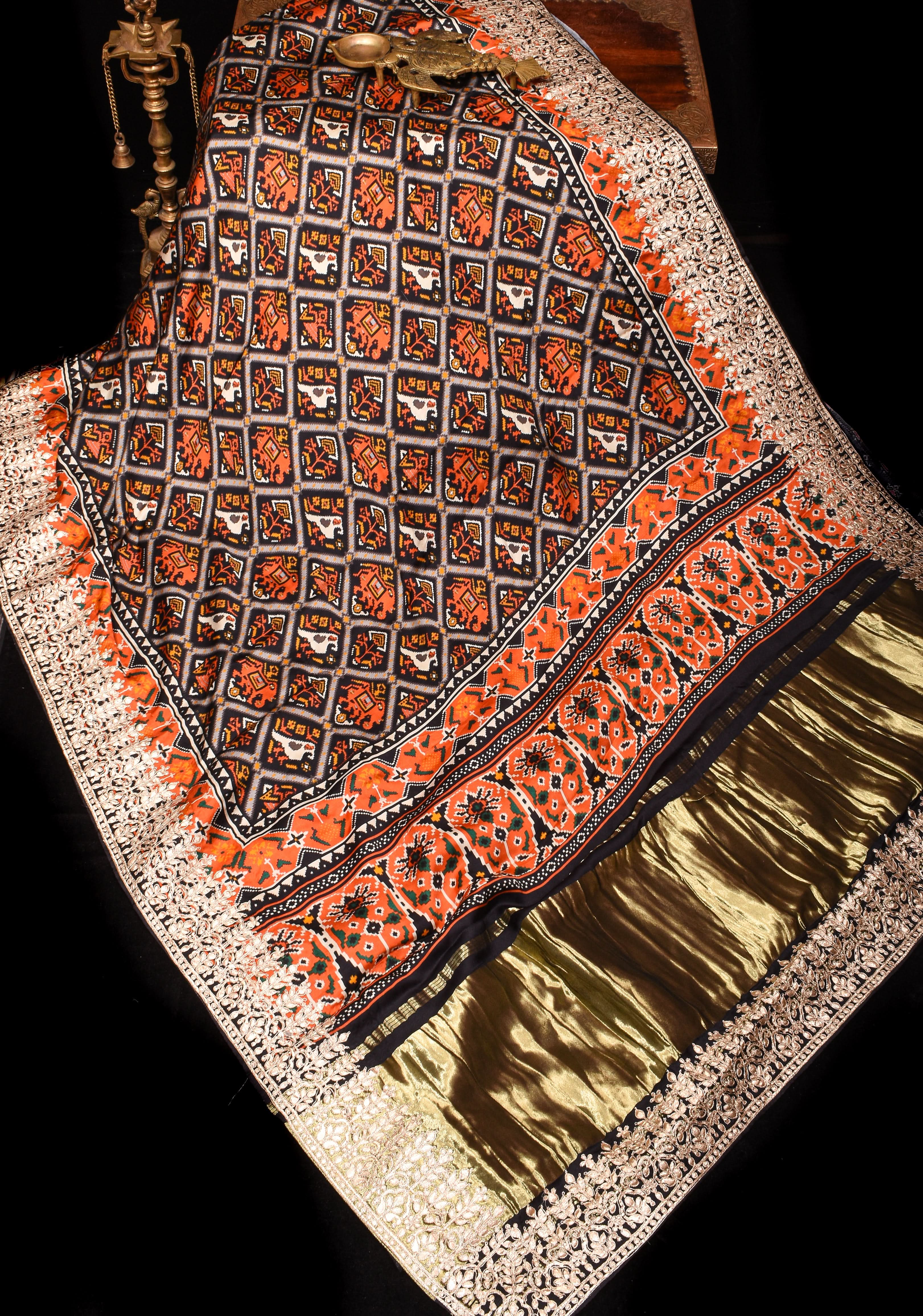 Black Patola Digital Print Gajji Silk Saree with Gotta Patti Border and Crushed Pallu | Shobitam
