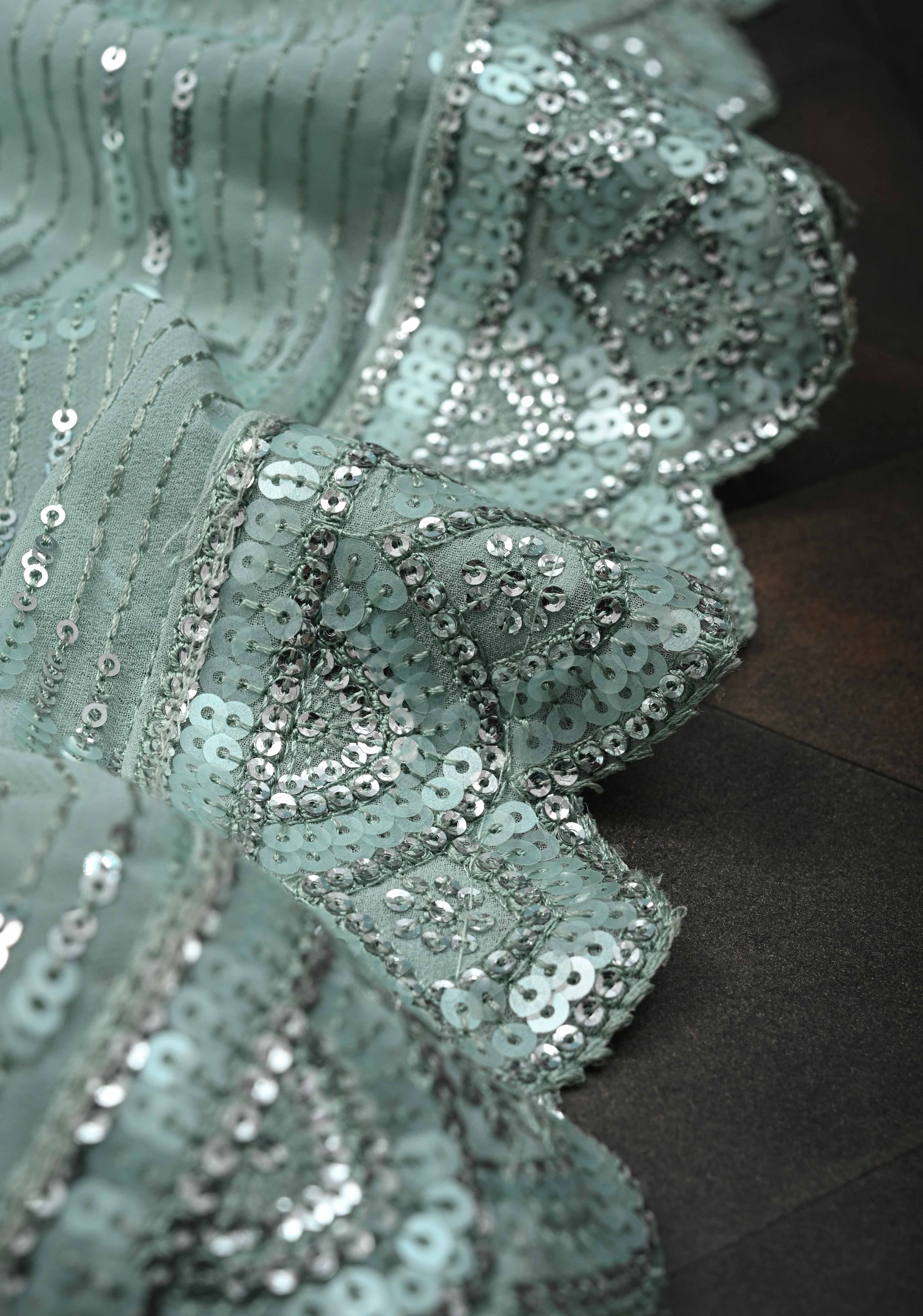 Pale Teal Full Sequins Embellished on Georgette Saree with Scalloped Border | Shobitam