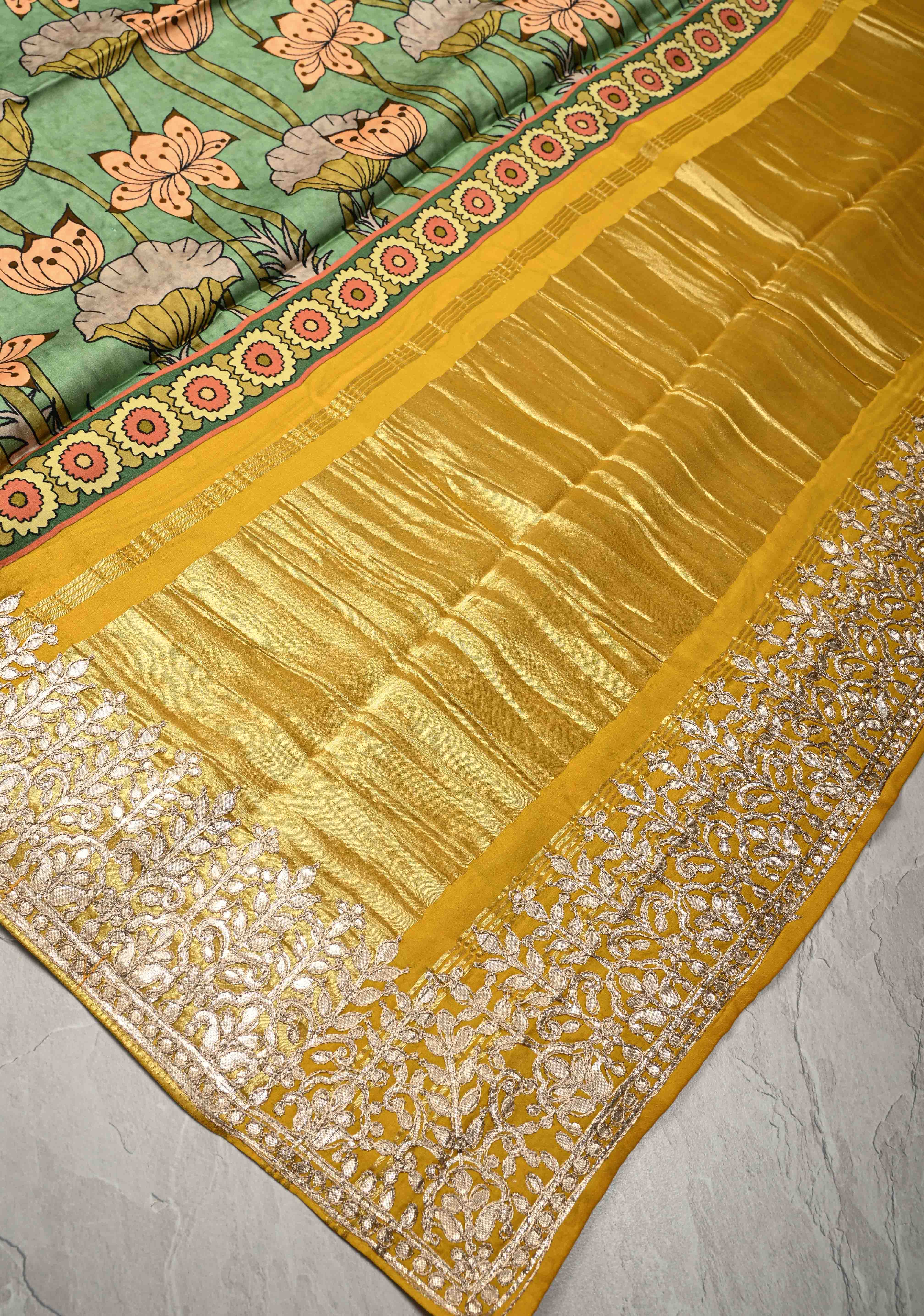 Green Gajji Silk Saree with Village Theme Kalamkari Digital Print and Gotta Patti Border | Shobitam