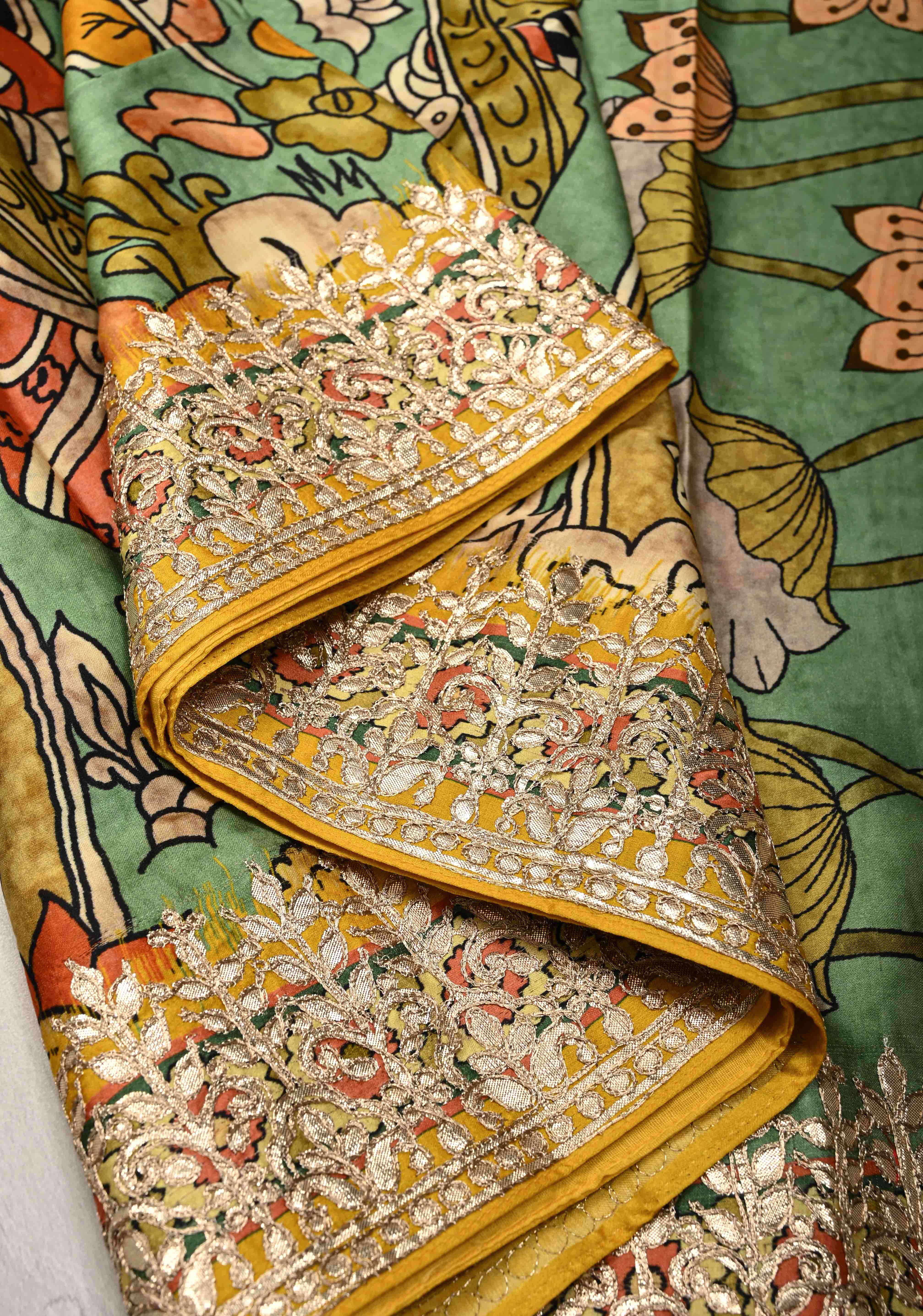Green Gajji Silk Saree with Village Theme Kalamkari Digital Print and Gotta Patti Border | Shobitam
