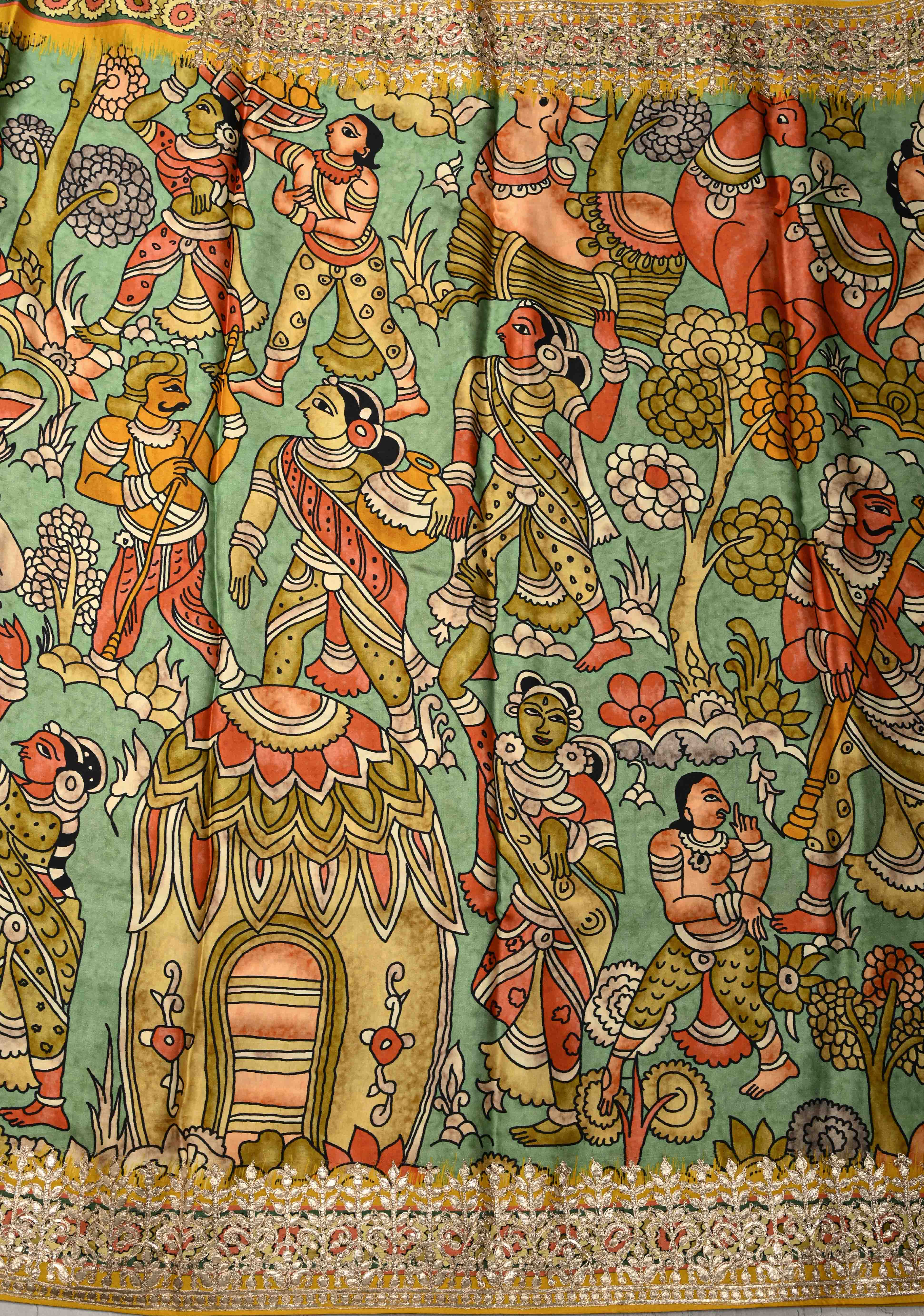 Green Gajji Silk Saree with Village Theme Kalamkari Digital Print and Gotta Patti Border | Shobitam
