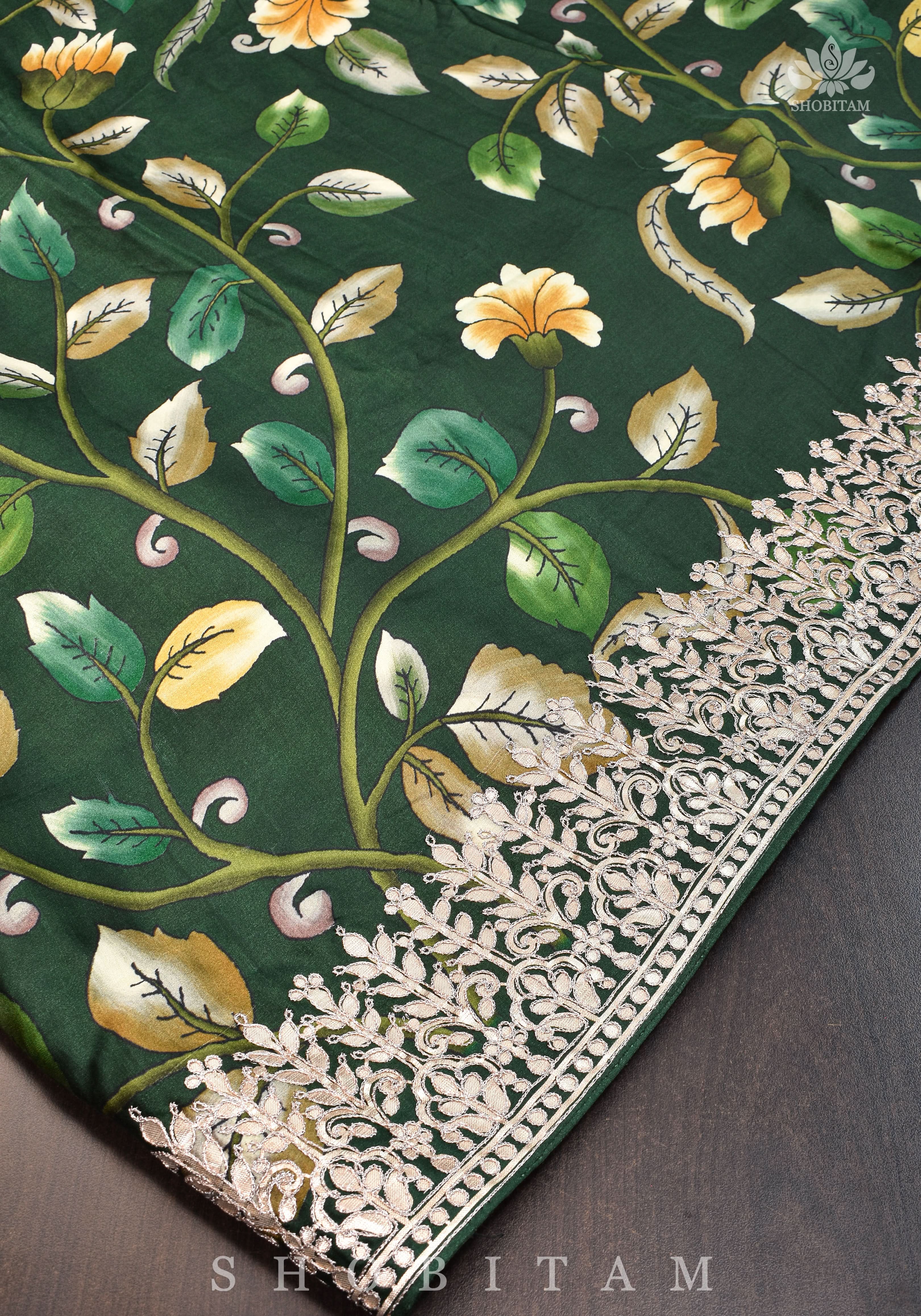 Gajji Silk Saree with Gotta Patti Borders, crushed zari palla and Floral Digital Print | Shobitam